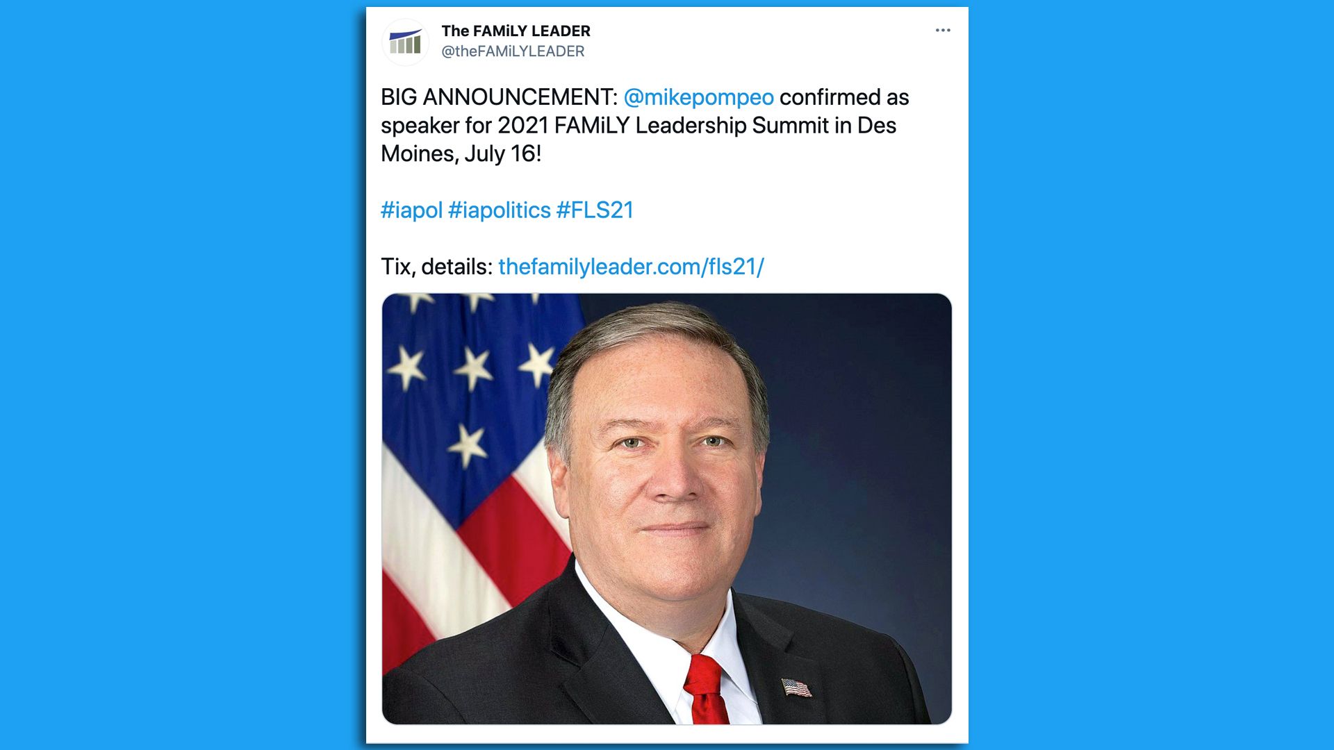 A screenshot of a tweet announcing that Mike Pompeo is coming