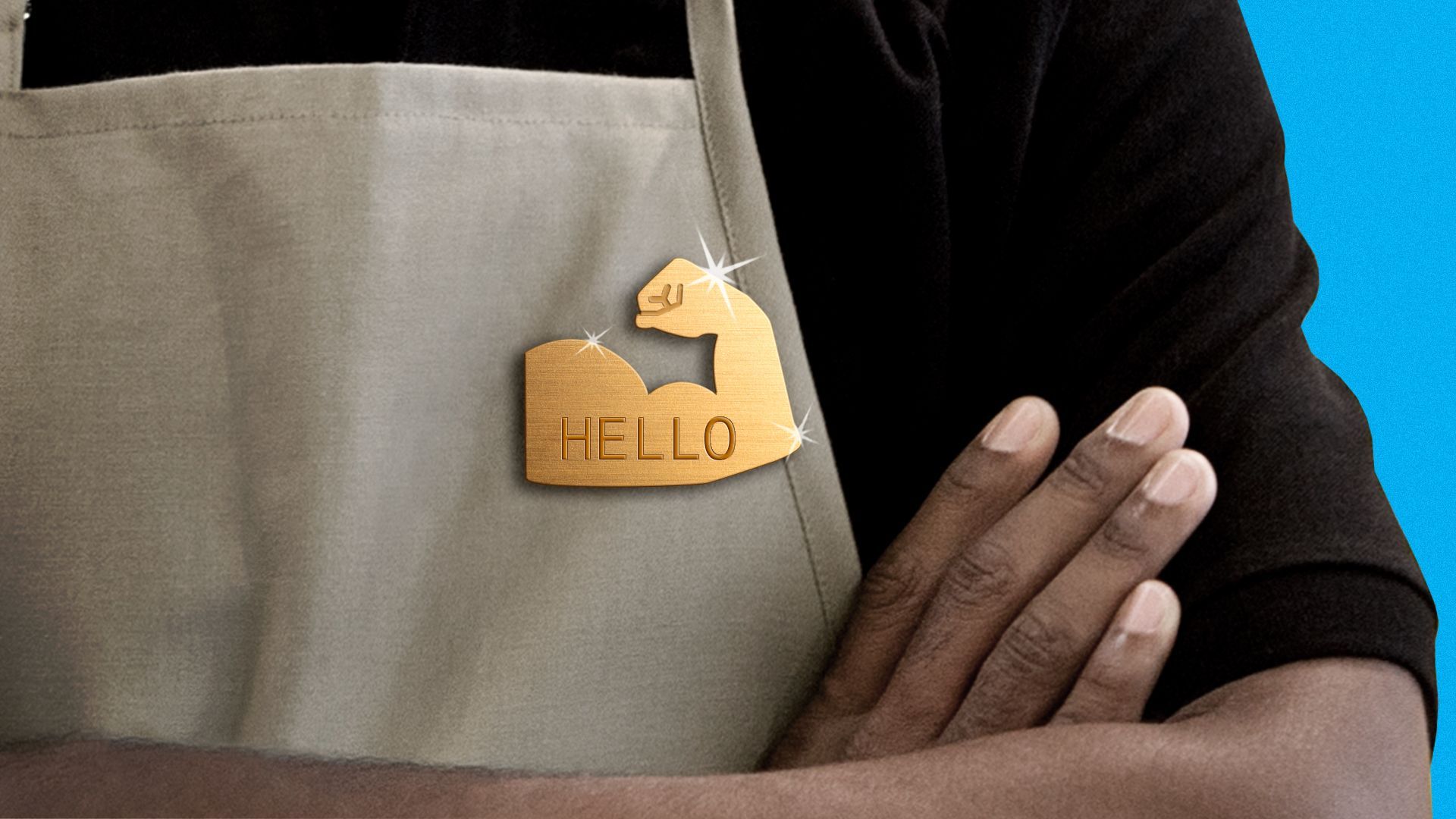 Illustration of a worker wearing an apron with a name tag shaped like a flexed arm.