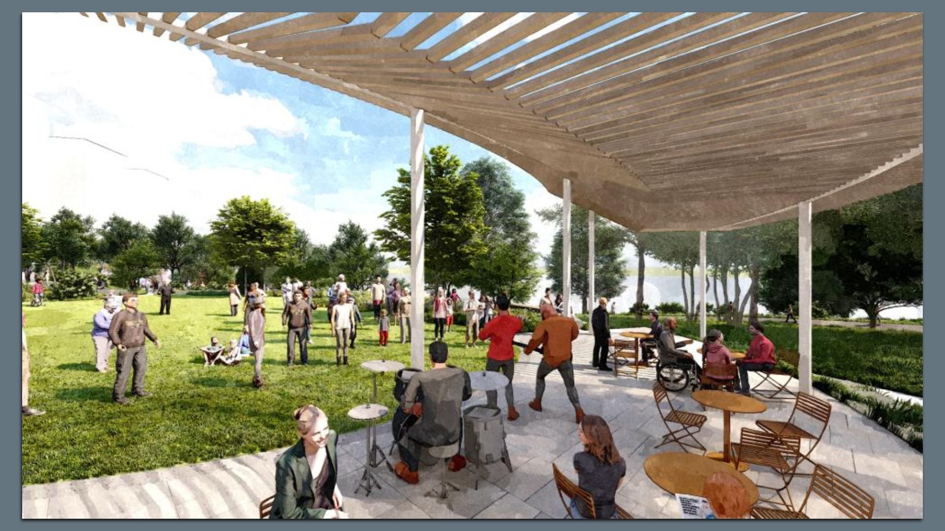 A sunny park scene with a curved wooden pergola supported by white columns. People stroll on the lawn and sit at round tables under a shaded canopy.