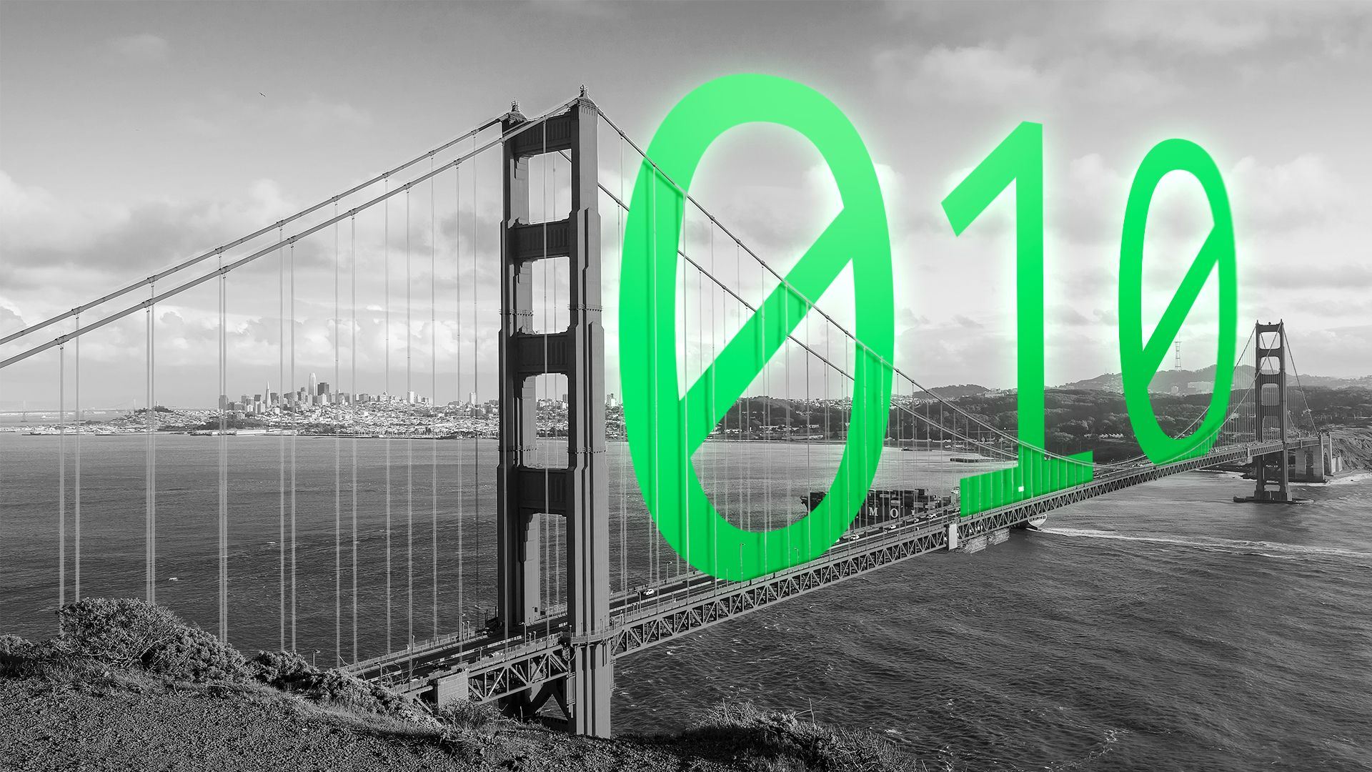 Illustration of large binary numbers on the Golden Gate Bridge.