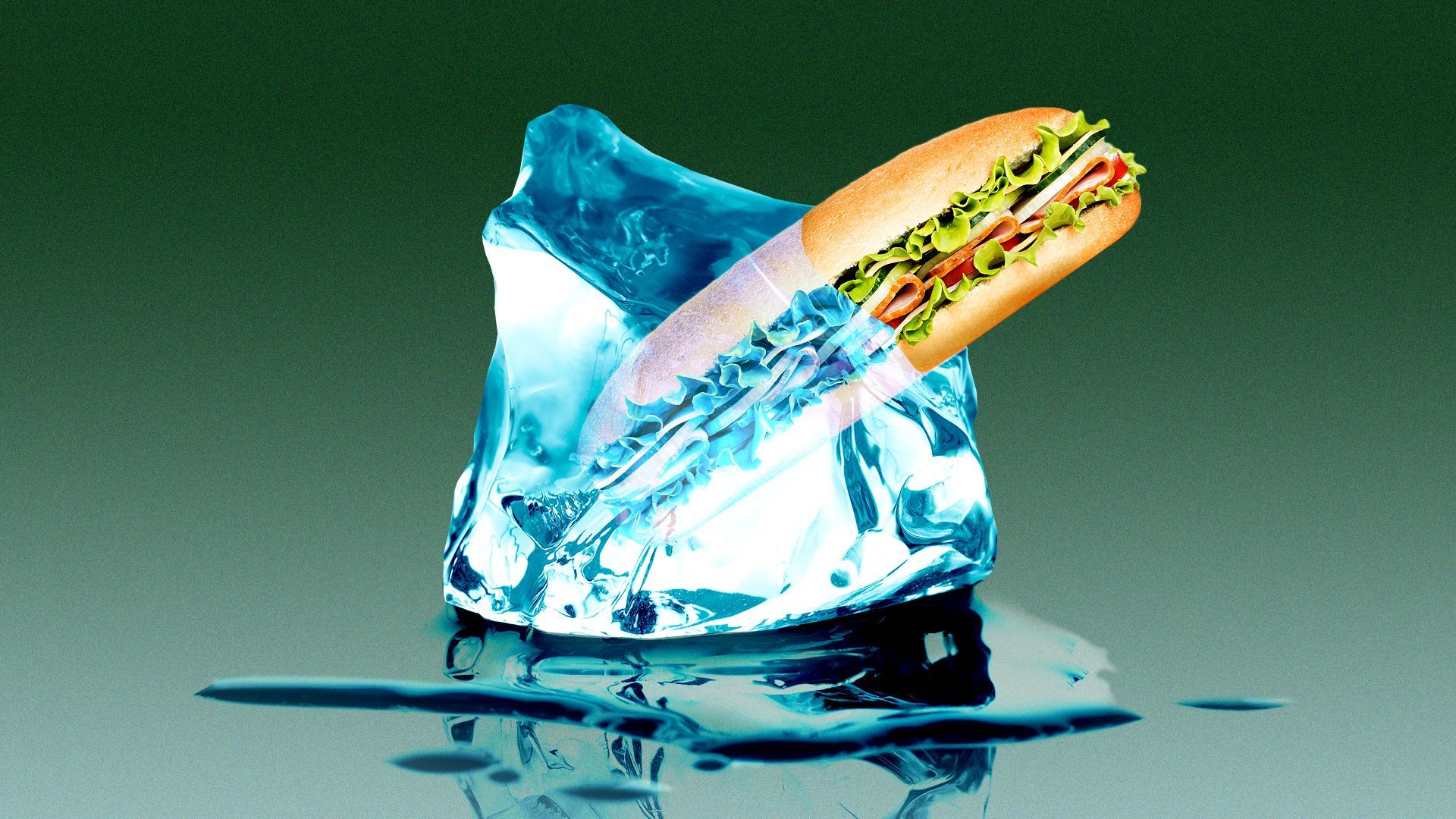 Illustration of a large sub sandwich sticking out a melting block of ice