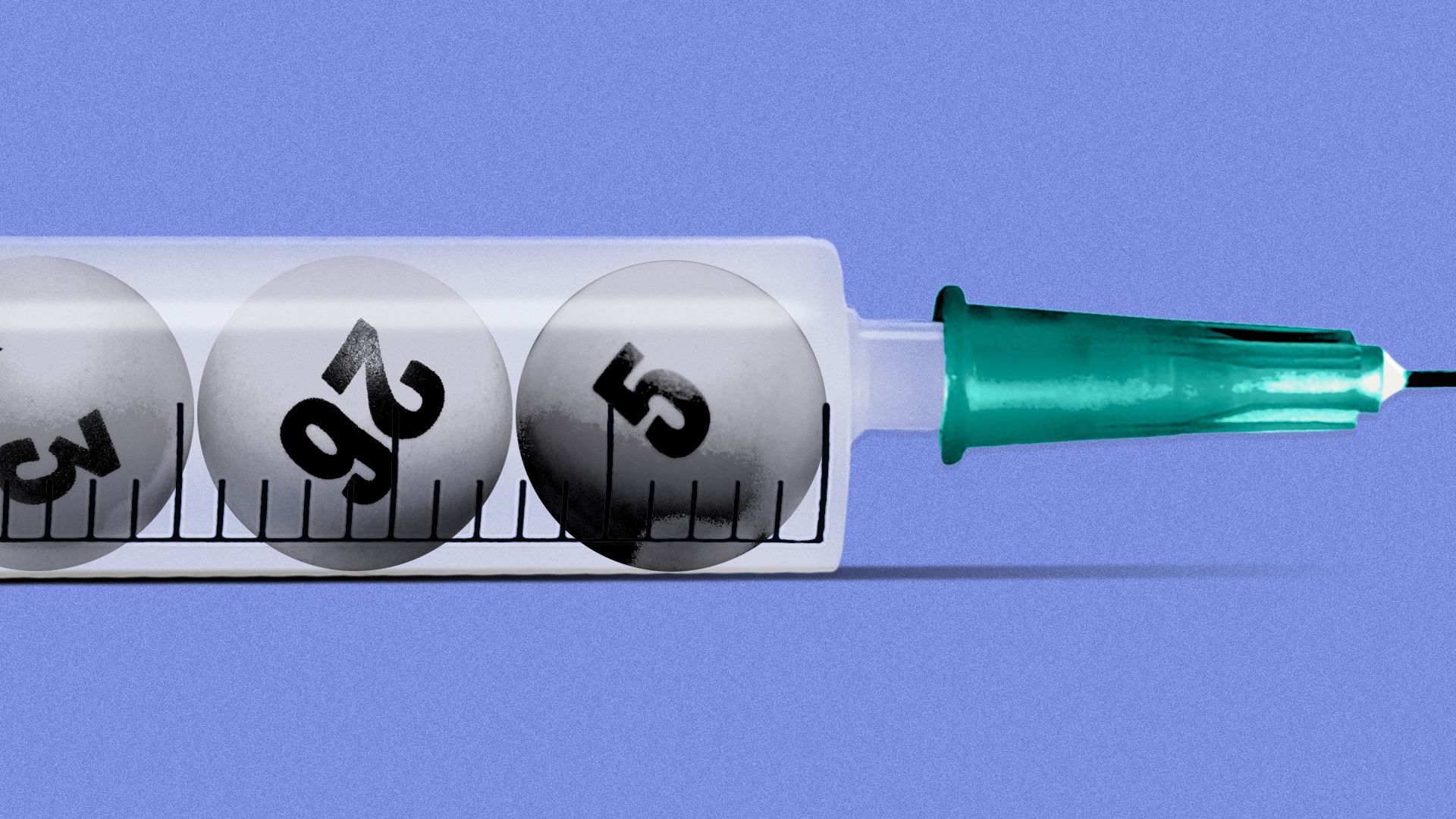 Illustration of a syringe with numbered lottery balls inside.