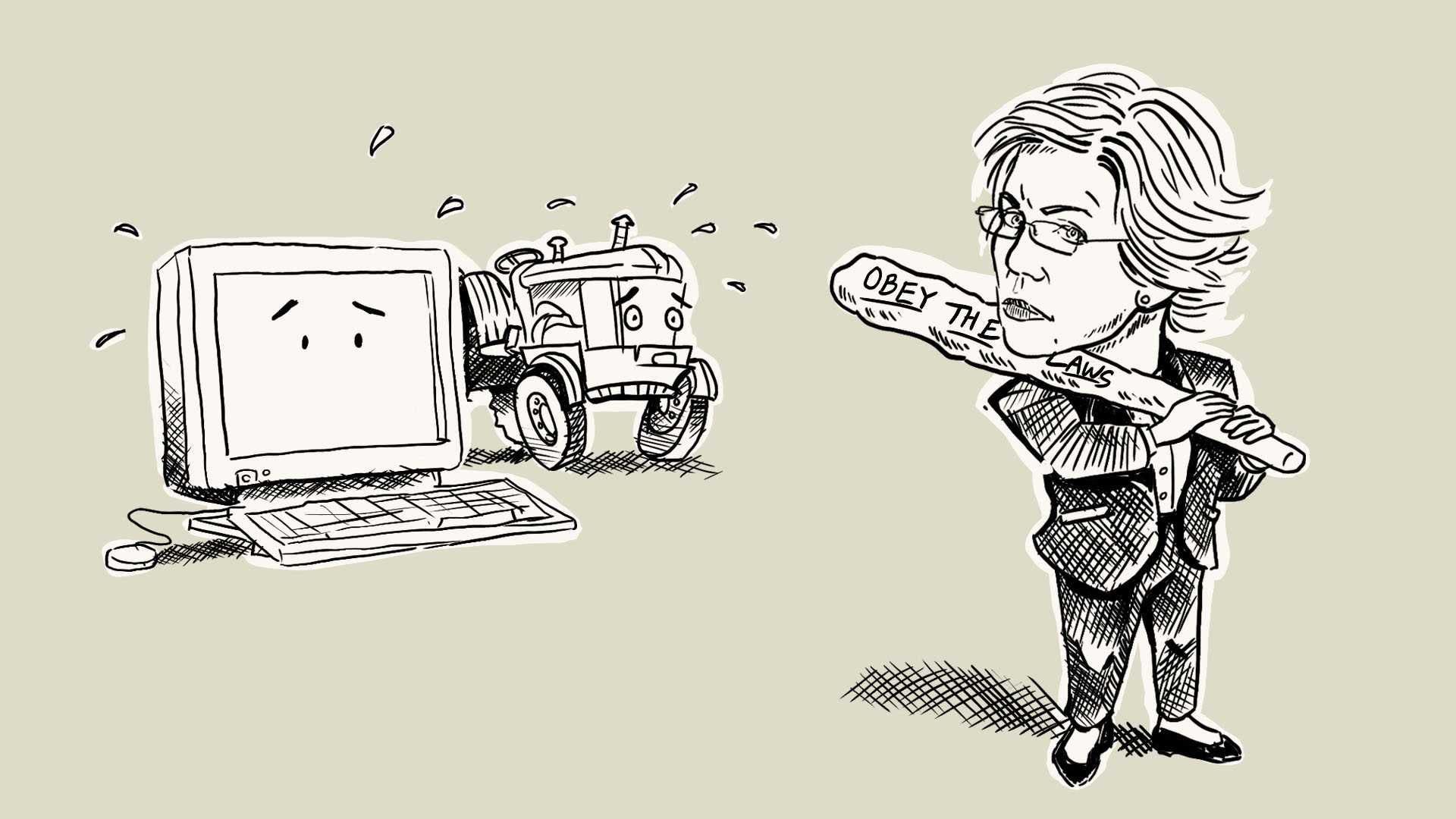 Illustration of  Sen. Elizabeth Warren scaring big tech and big farms