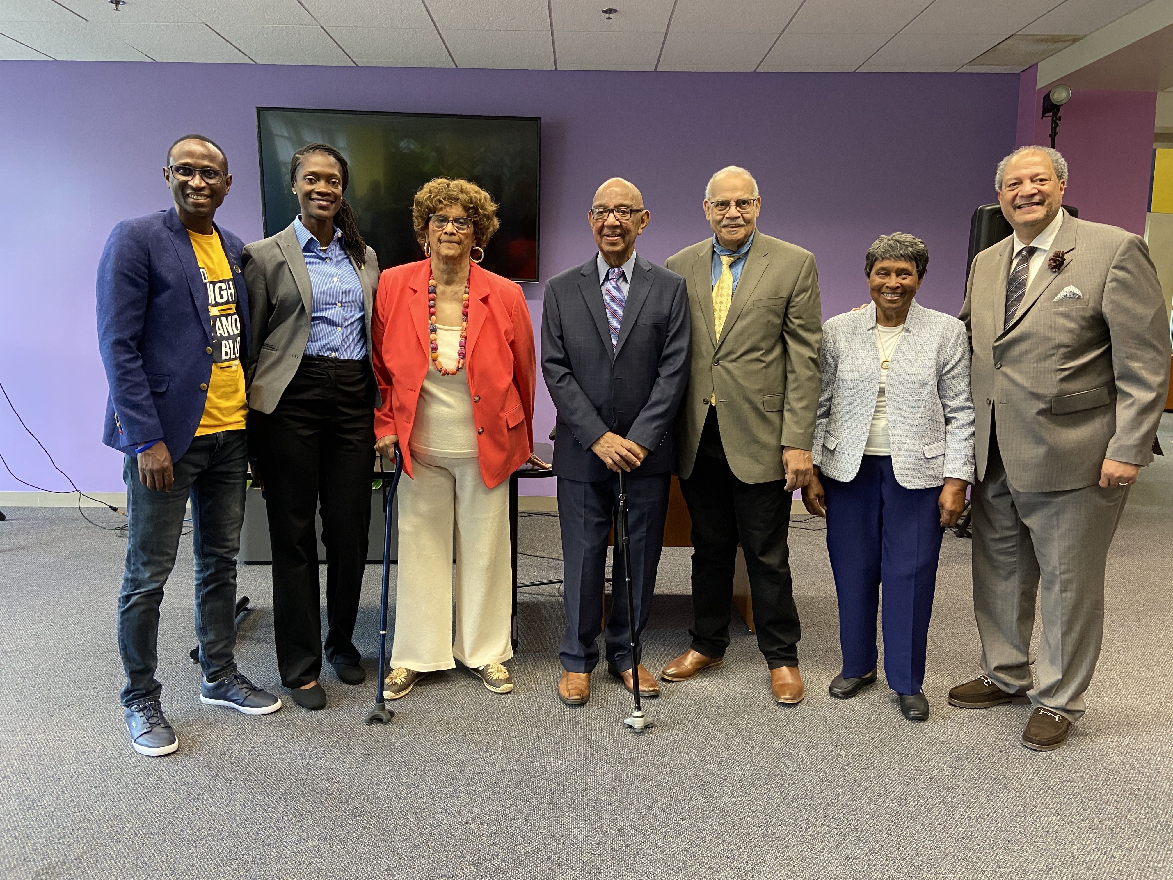 From left: JCSU provost Dr. Thierno Thiam, JCSU president Dr. Valerie Kinloch, civil rights leader Dot Counts-Scoggins, Joseph A. De Laine Jr., Marguirite L. De Laine and David C. Belton gather at Johnson C. Smith University. Note: The individual third from the right could not be identified by JCSU.