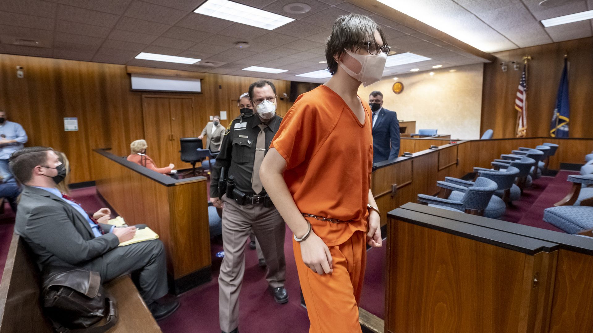 Ethan Crumbley is led away from the courtroom after a placement hearing at Oakland County Circuit Court on February 22, 2022 in Pontiac, Michigan.