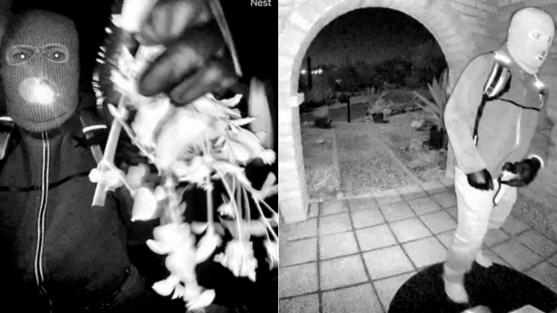Two black-and-white security camera images show a person wearing a balaclava and jacket holding flowers, and the same person standing at a tiled doorway under an arch at night.