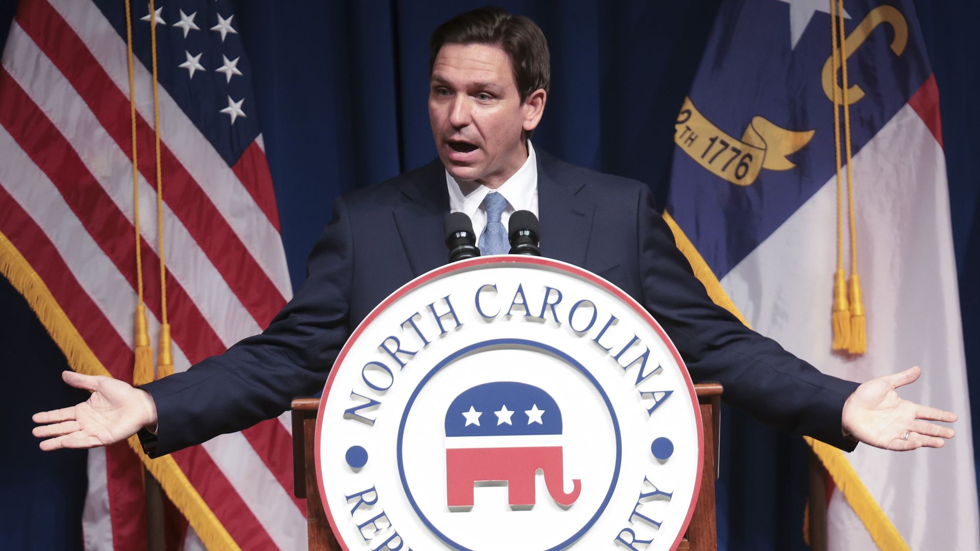 Republican presidential candidate Florida Governor Ron DeSantis delivers remarks June 9, 2023 in Greensboro, North Carolina. 