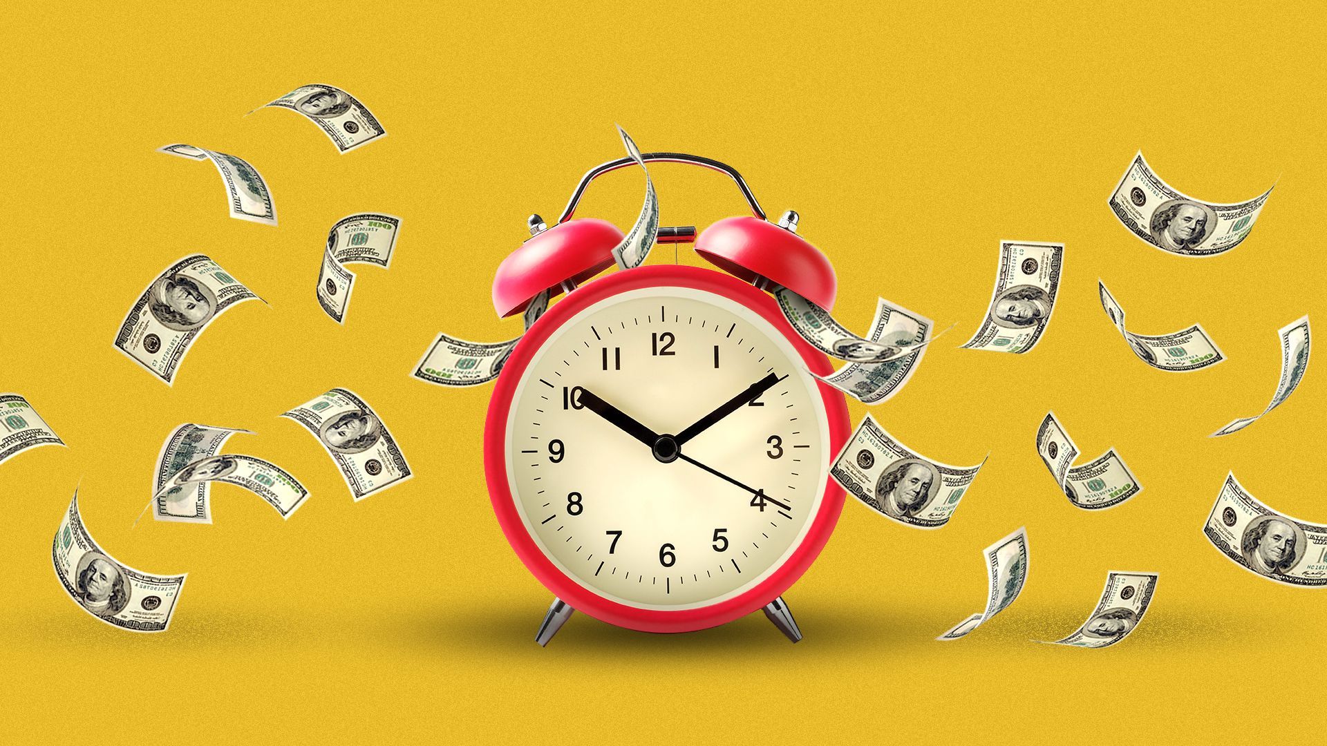 Illustration of an alarm clock with money spilling out as it is ringing.
