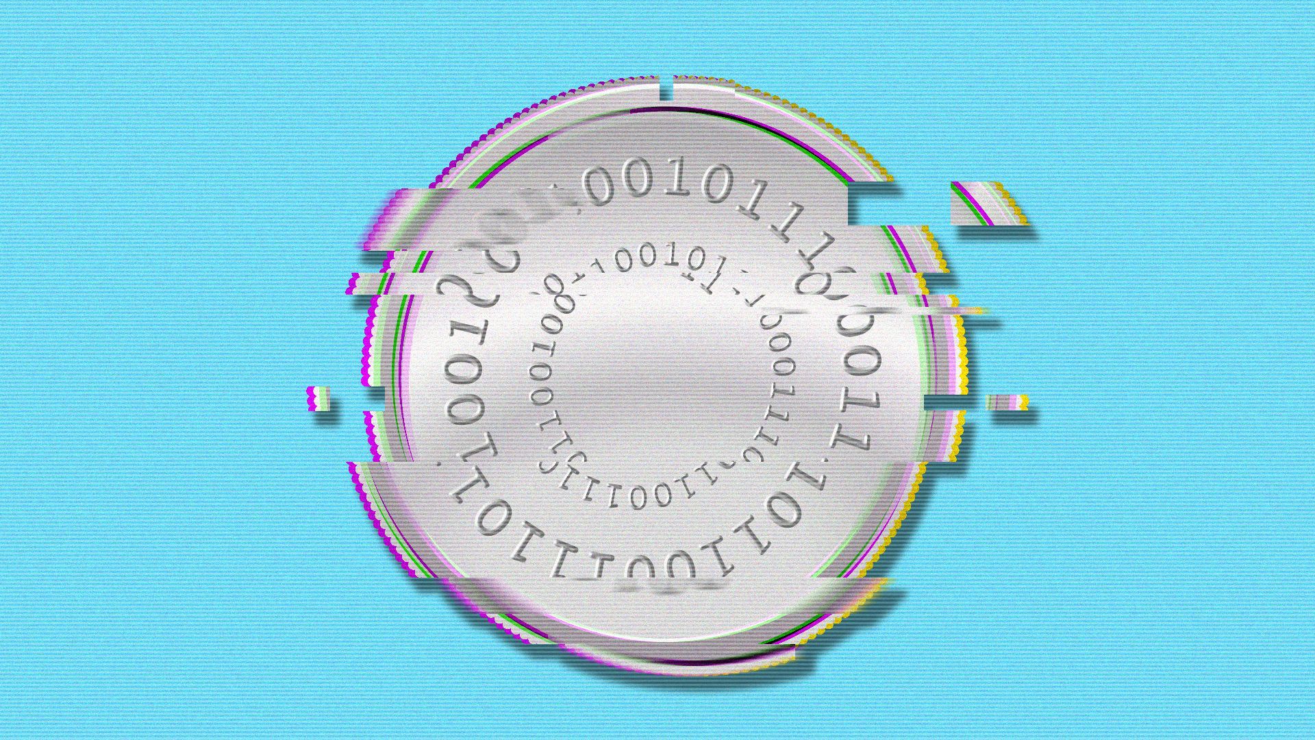 Illustration of a glitching digital coin with binary code on it.