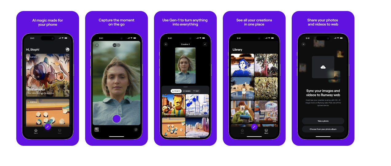 Screen shots of Runway's new app, which highlights its Gen-1 service that turns photos and videos into altered video clips. 