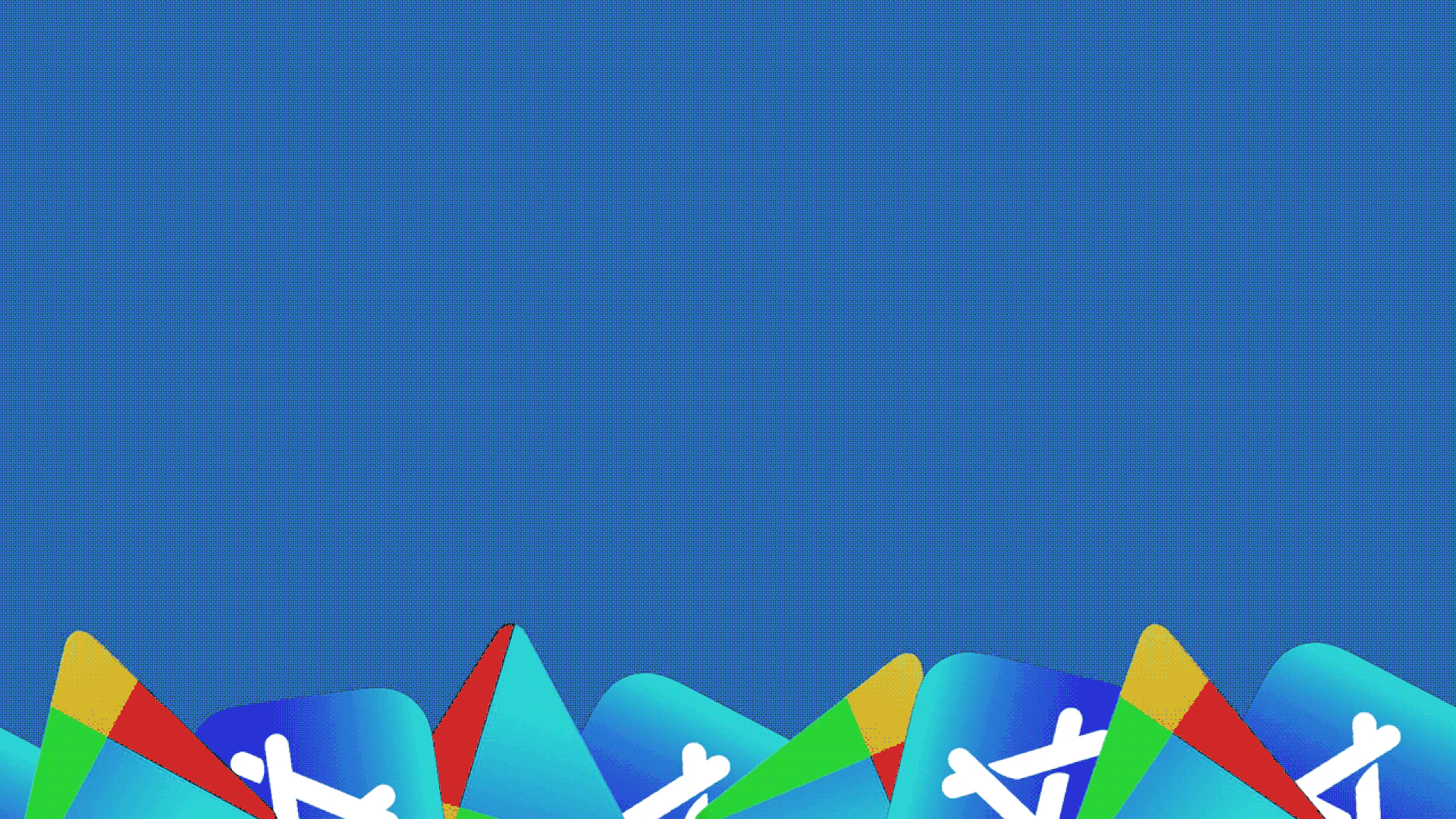 An illustration of someone swinging over a pool of App Store and Play Store icons