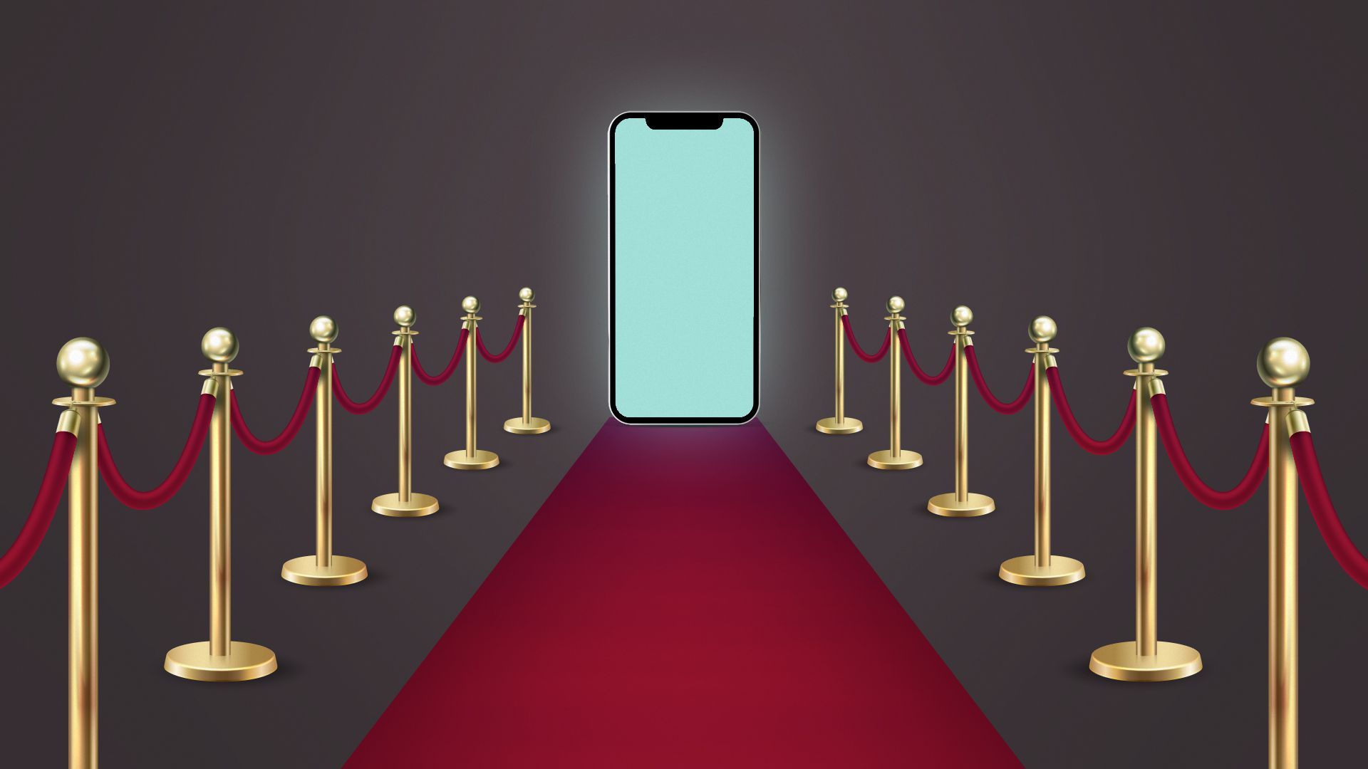 Illustration of a cell phone at the end of a red carpet.