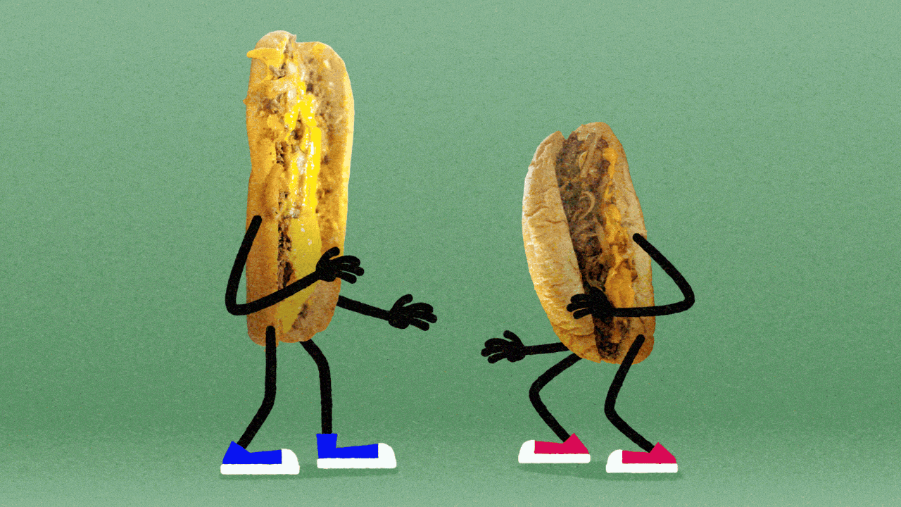 Animated illustration of two cheesesteaks with arms and legs in a fistfight, trading punches.