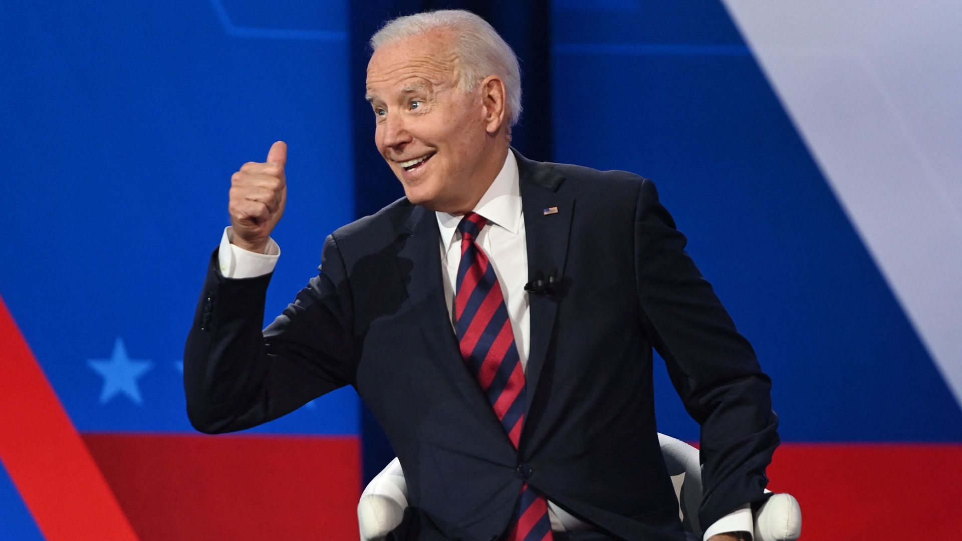 President Joe Biden gives a thumbs up as he participates in a CNN Town Hall hosted by Don Lemon at Mount St. Joseph University in Cincinnati, Ohio, July 21