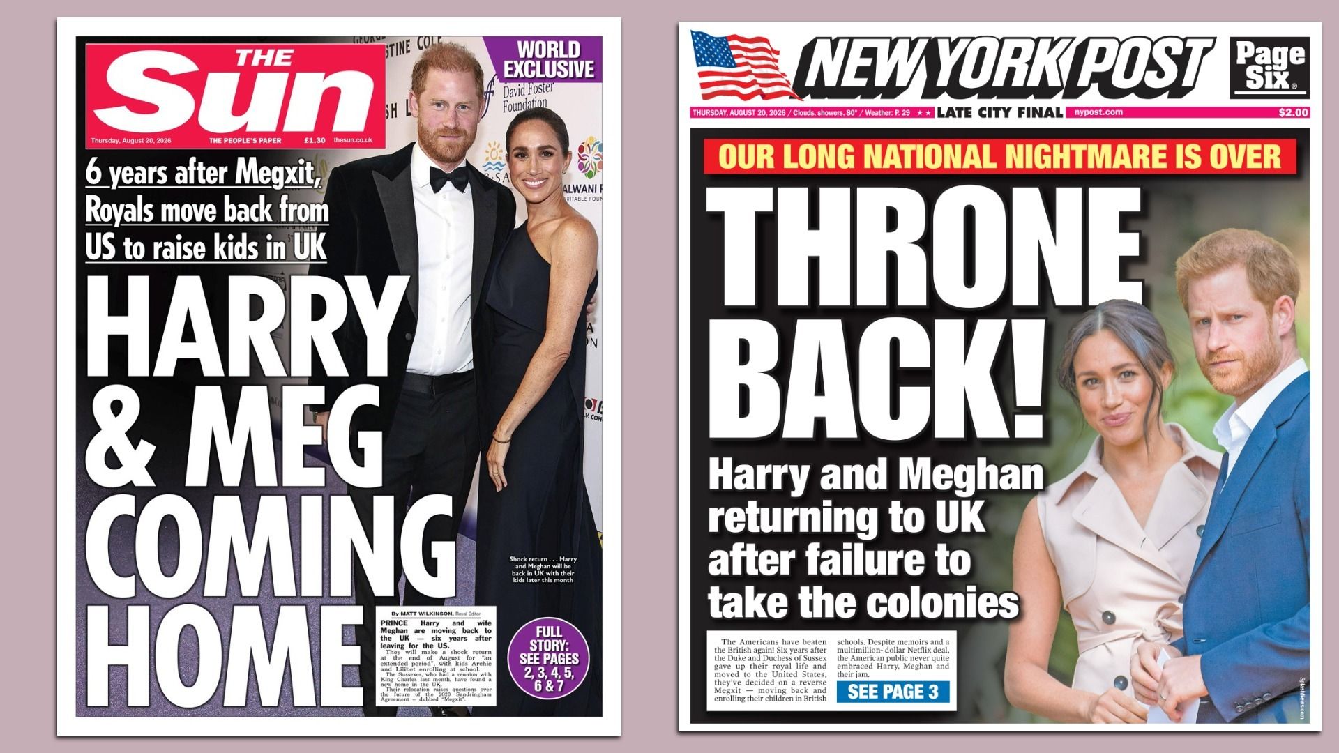 Two tabloid front pages about Harry and Meghan returning to the UK. Left: The Sun with the couple in formal wear and the bold headline "HARRY & MEG COMING HOME". Right: New York Post with "THRONE BACK!" and a photo of Harry and Meghan.