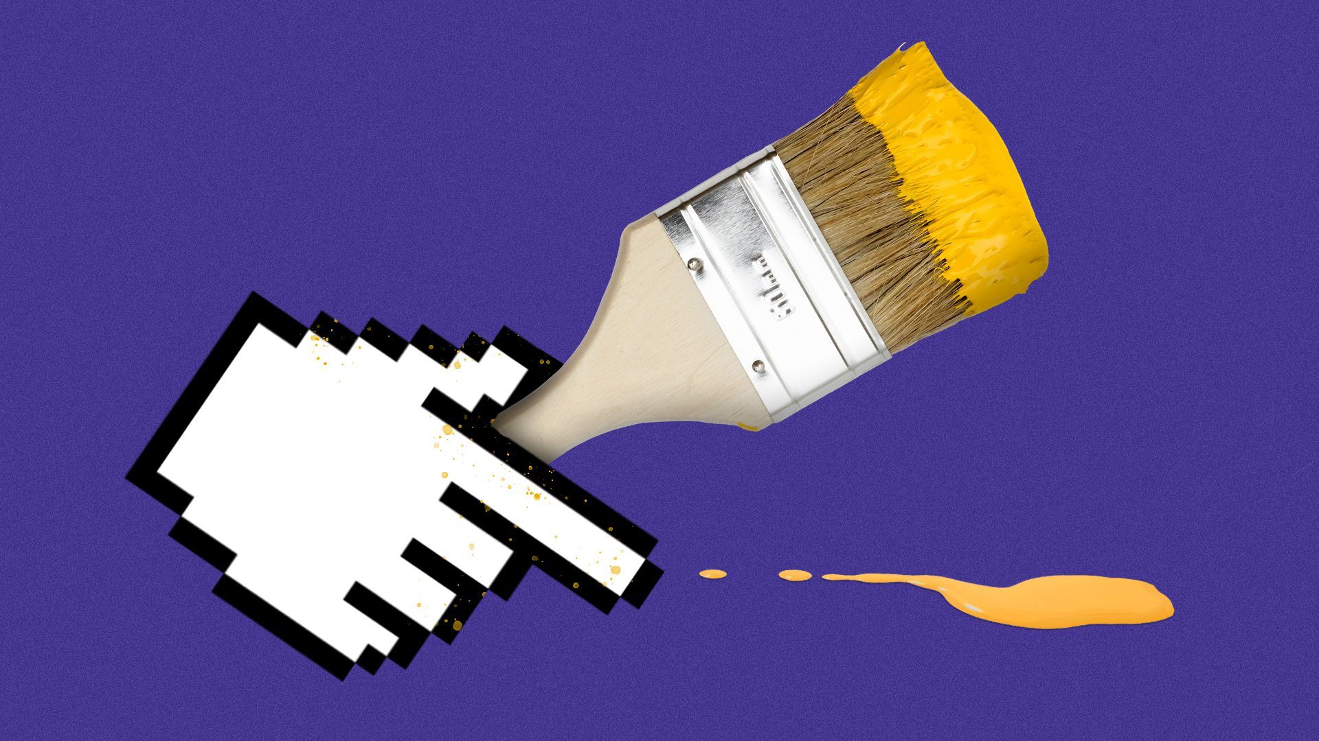 Illustration of a hand cursor holding a paintbrush dripping paint.