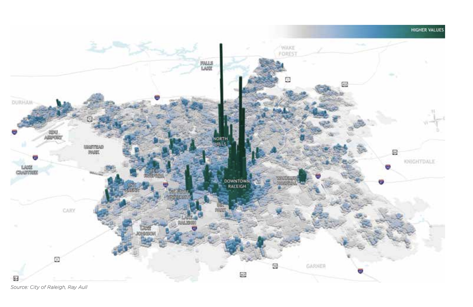3D hex map of Raleigh, NC showing data values with taller dark green hexes in Downtown Raleigh and North Hills, with smaller blue hexes elsewhere, indicating higher values in those areas.