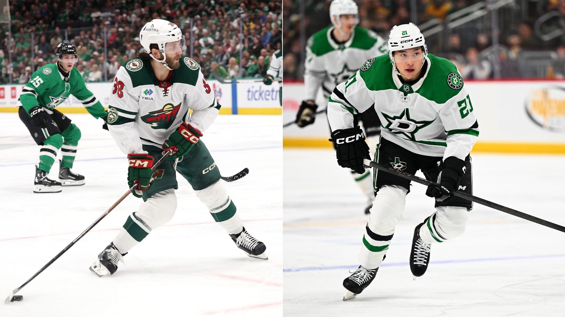 Split-screen hockey action: left shows a Minnesota Wild player in white and green with the puck, number 58; right shows a Dallas Stars player in white and green skating forward, number 21.