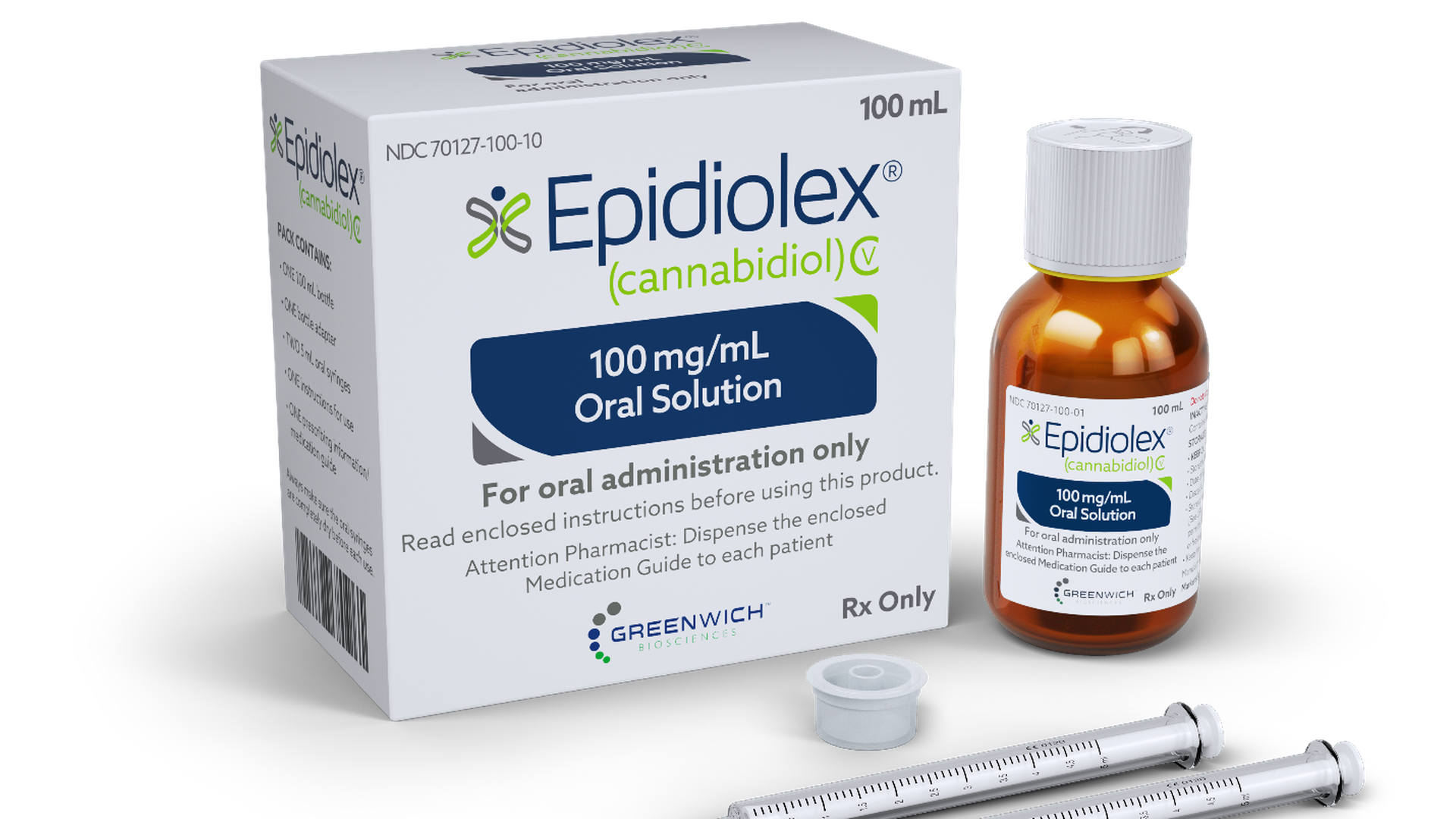 A white box of Epidiolex with a brown vial and syringes.