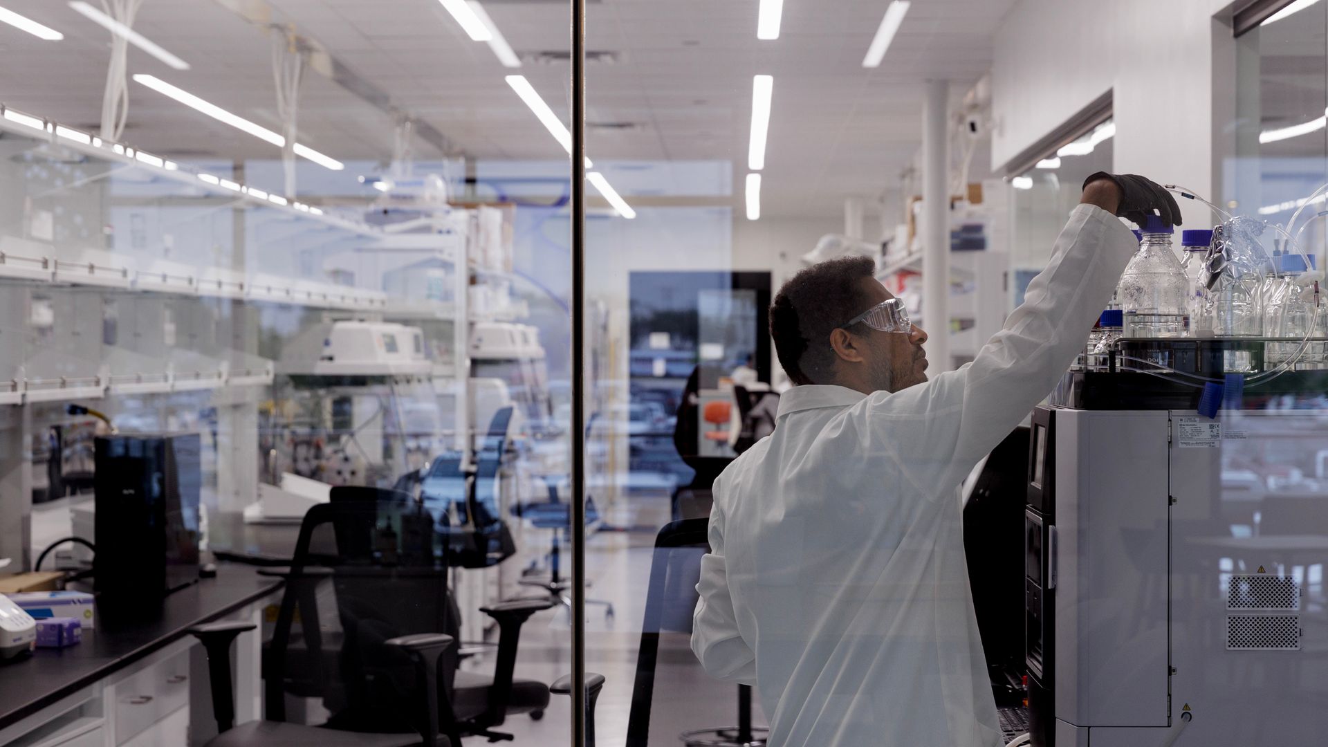 A scientist works in a lab.