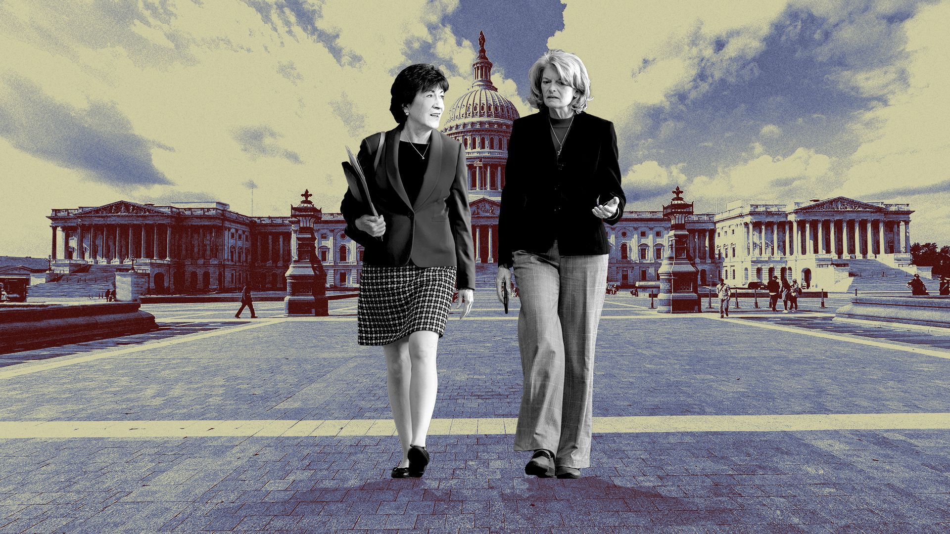 Photo illustration of Susan Collins and Lisa Murkowski walking and talking in front of the U.S. Capitol.