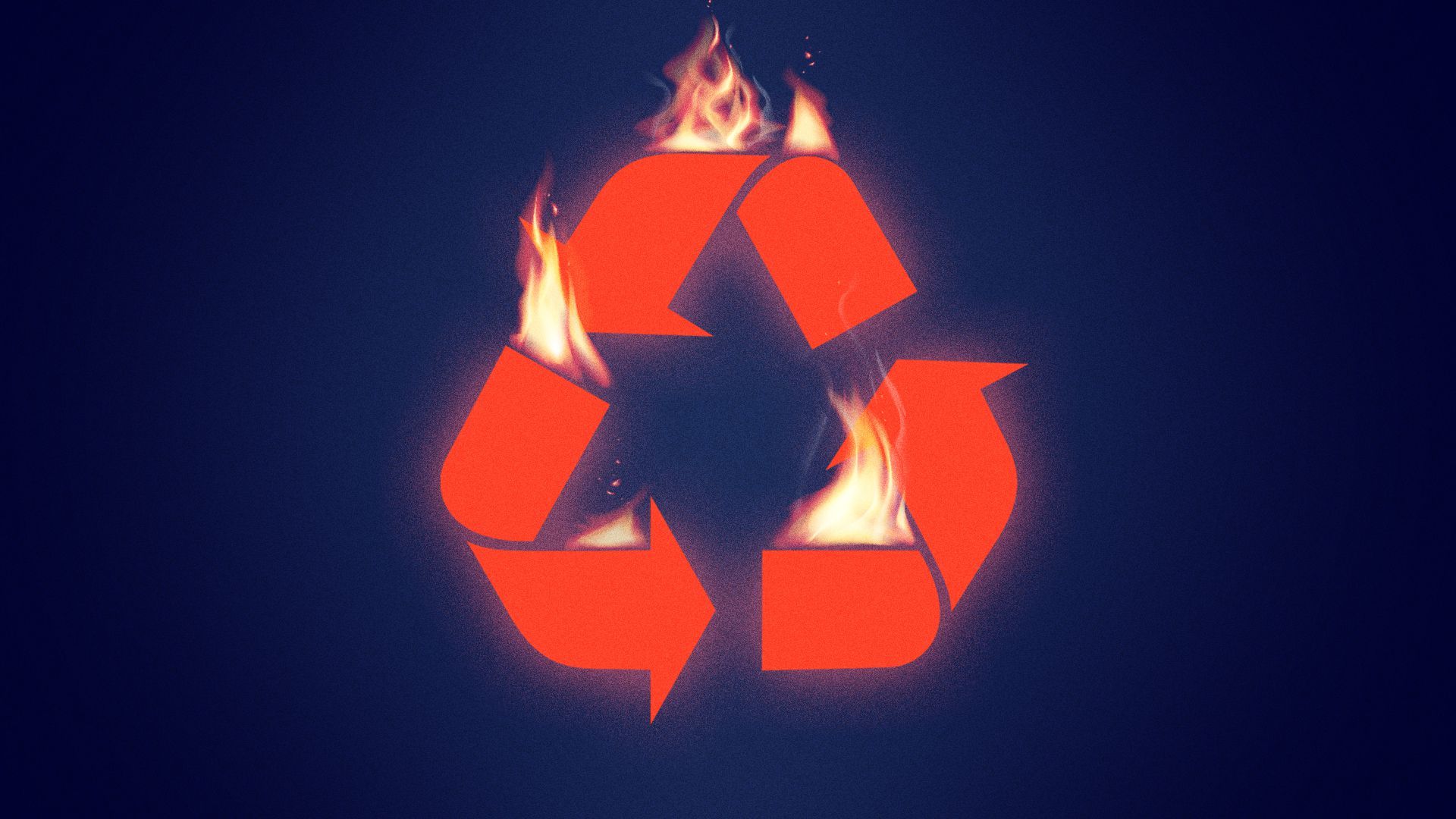 Illustration of a recycling symbol on fire. 