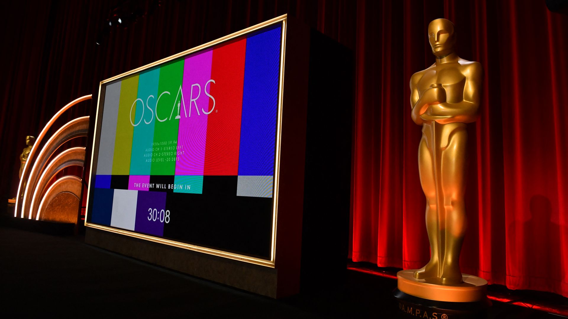 Oscar statues adorn the stage before the start of the the 96th Academy Awards nominations announcement at the Samuel Goldwyn Theater in Beverly Hills, California, on January 23, 2024. 