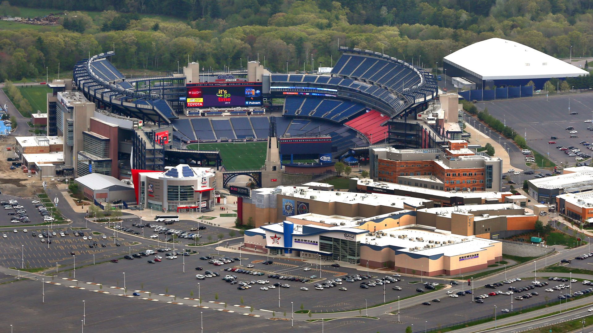 An aerial view of Patriot Place and Gillette Stadium. 