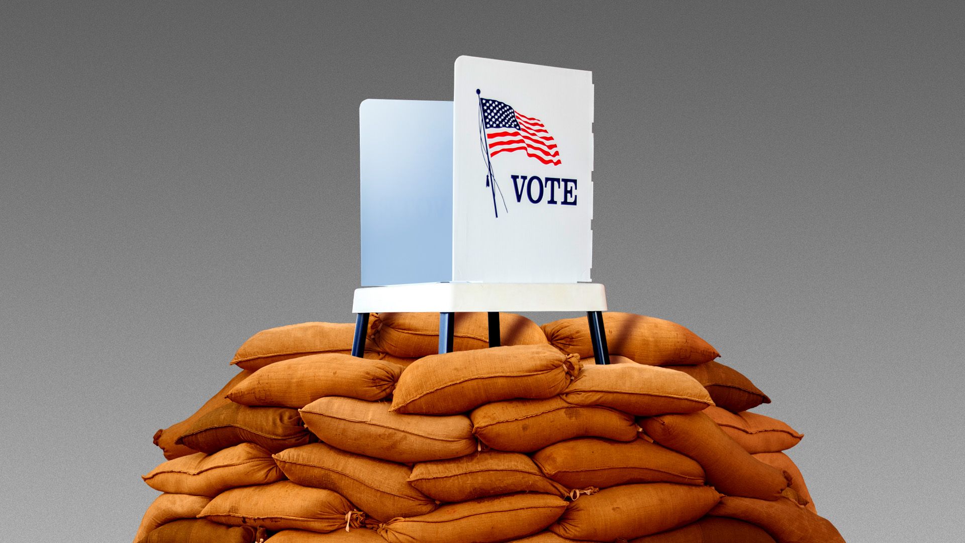 Illustration of a voting booth surrounded by sandbags 