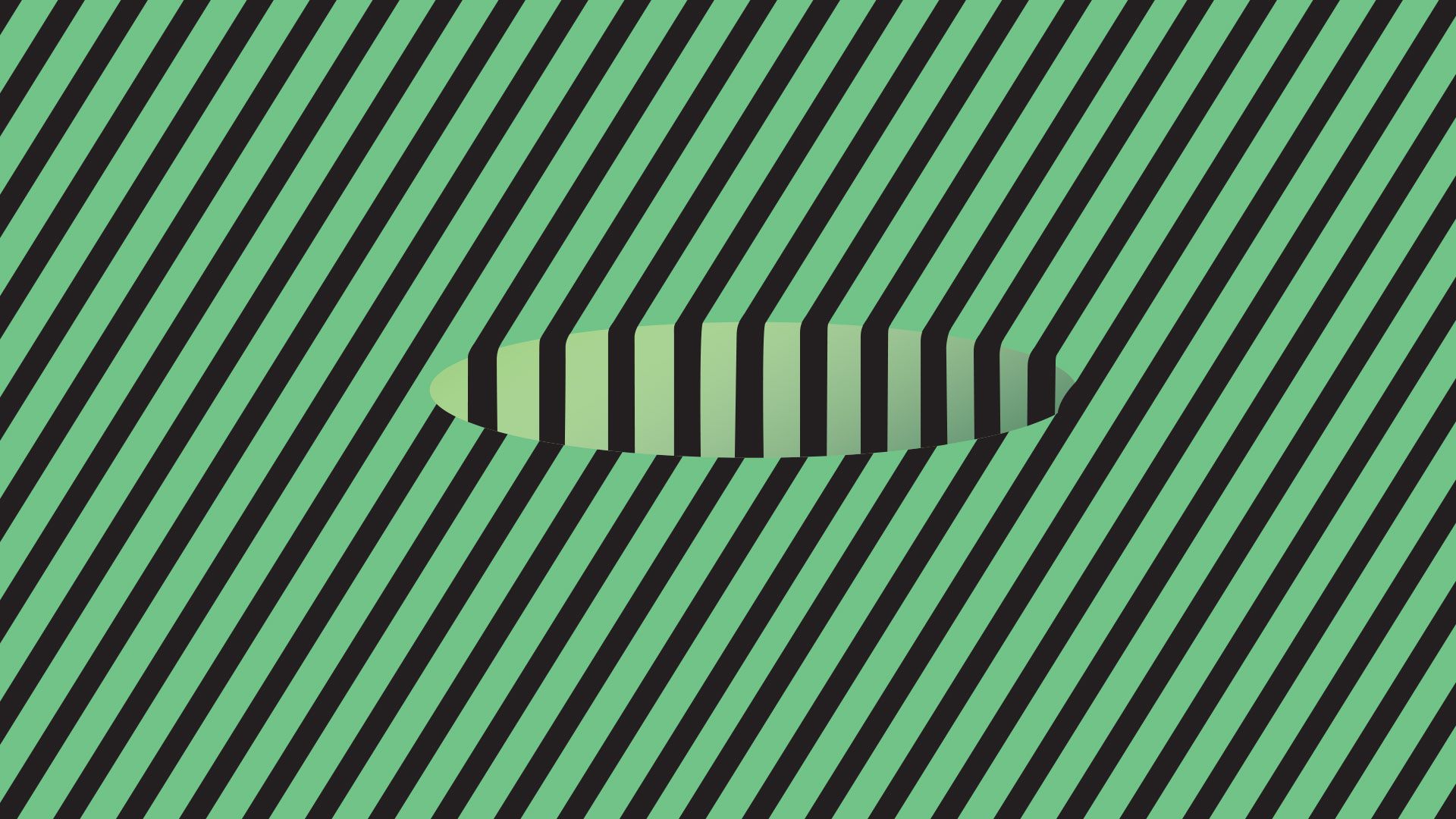 Illustration of hole floating in space shown through alternating green and black lines in a style of optical illusion.