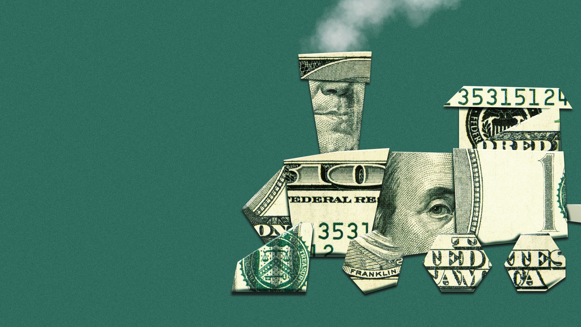 Illustration of a train made from folded US dollar bills on a green background, with smoke coming out of its chimney.