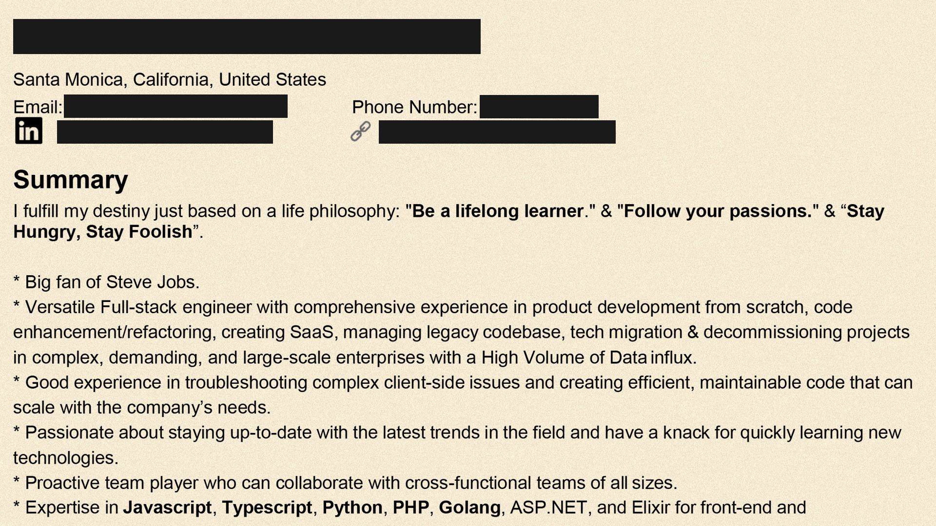 Partial resume or profile screenshot showing location Santa Monica, summary with quotes like "Be a lifelong learner." and skills including Javascript, Typescript, Python, PHP, Golang, ASP.NET, Elixir.