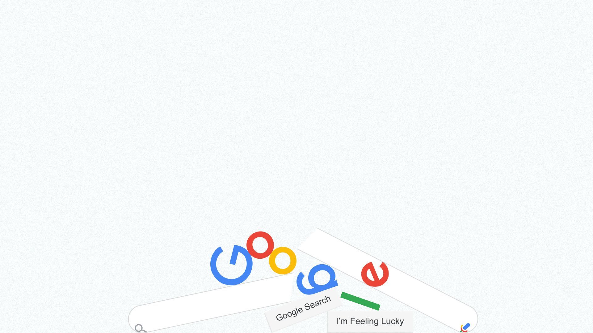 Illustration of the Google search page breaking up into multiple pieces and falling onto the bottom of the screen.