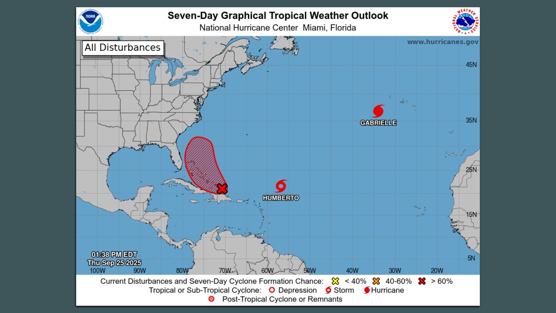 Map showing the 7-day tropical weather outlook with storms Humberto and Gabrielle in the Atlantic and a >60% cyclone formation chance near the Bahamas on Sept 25, 2025.