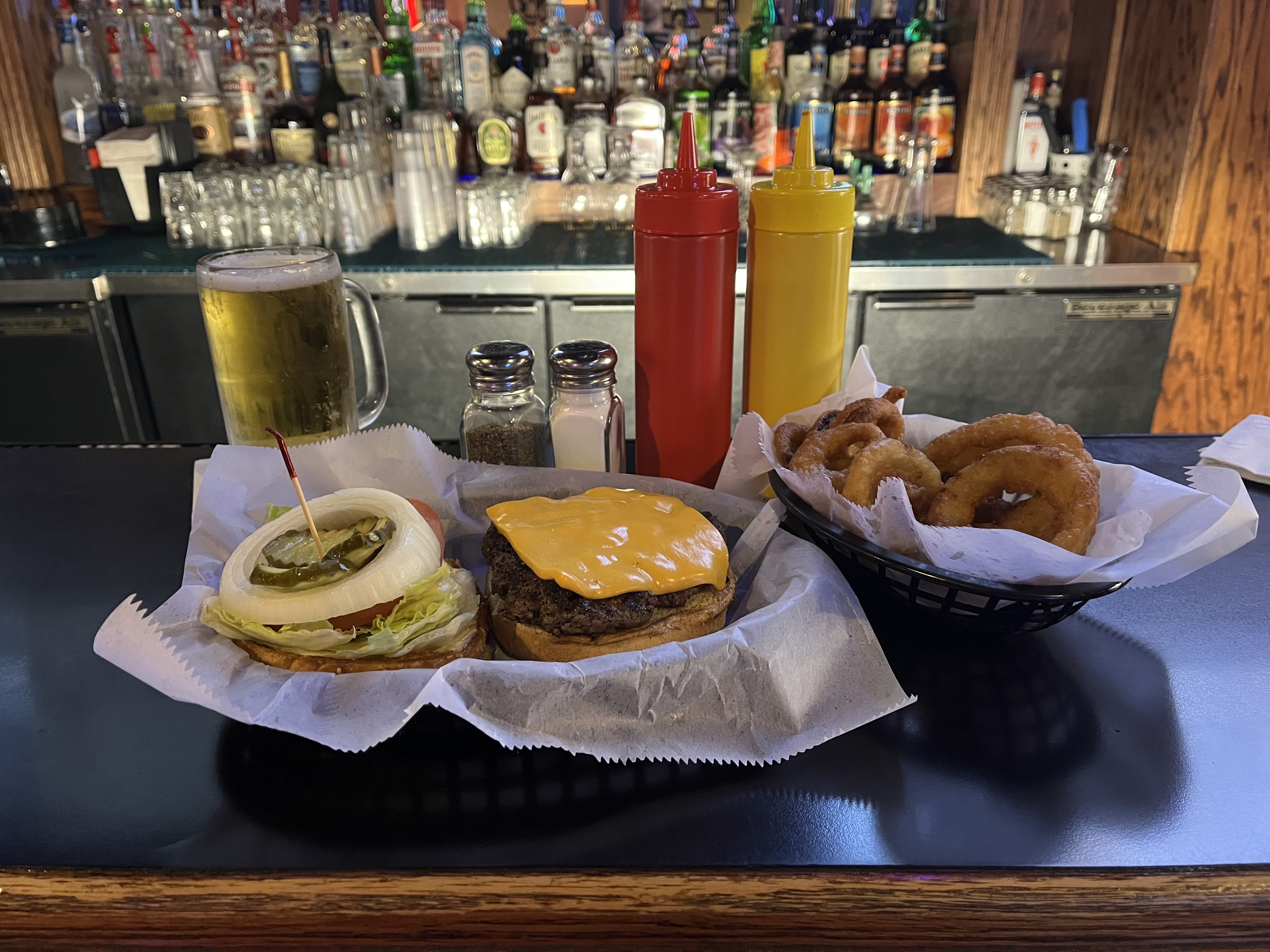 Burger and onion rings and a beer.