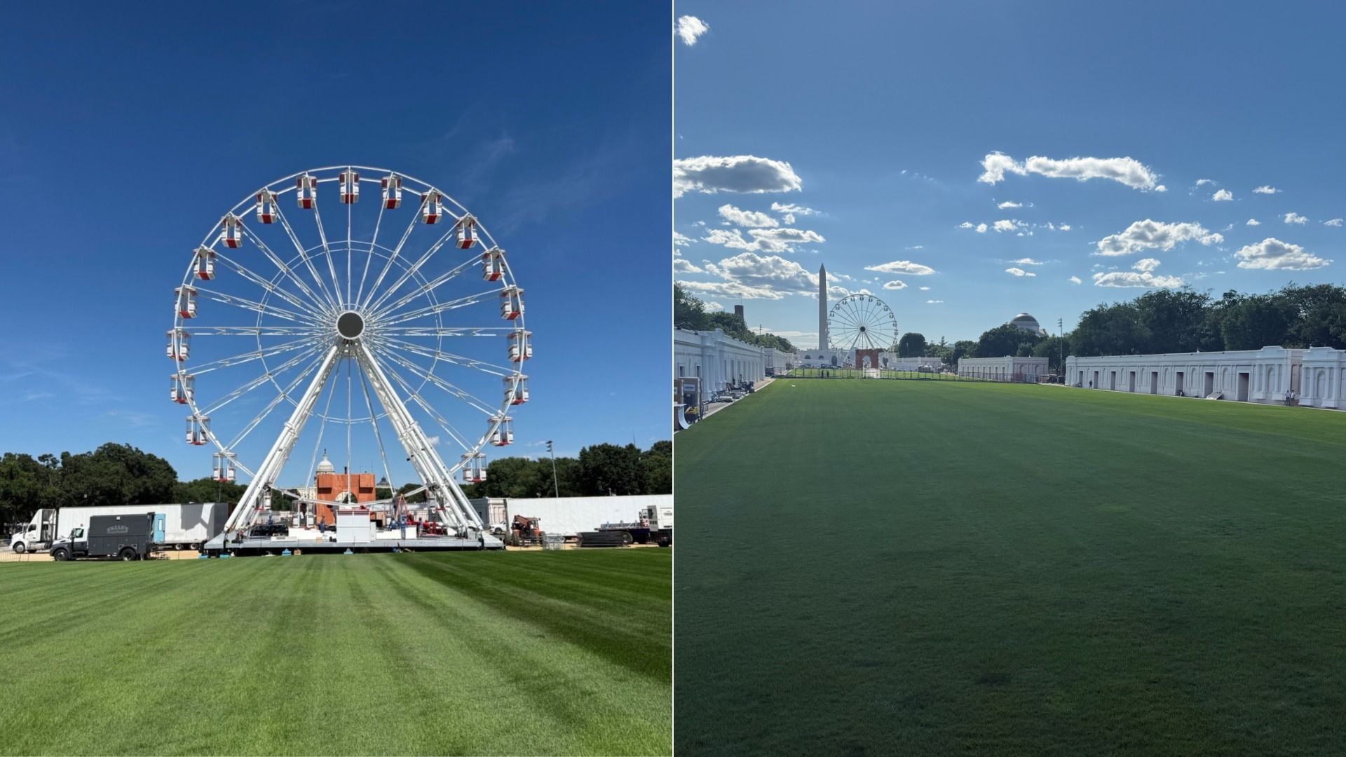 Split image: left shows a large white Ferris wheel on a green lawn under a clear blue sky. Right shows the same park with an obelisk, another Ferris wheel, and a long white colonnade along the lawn.
