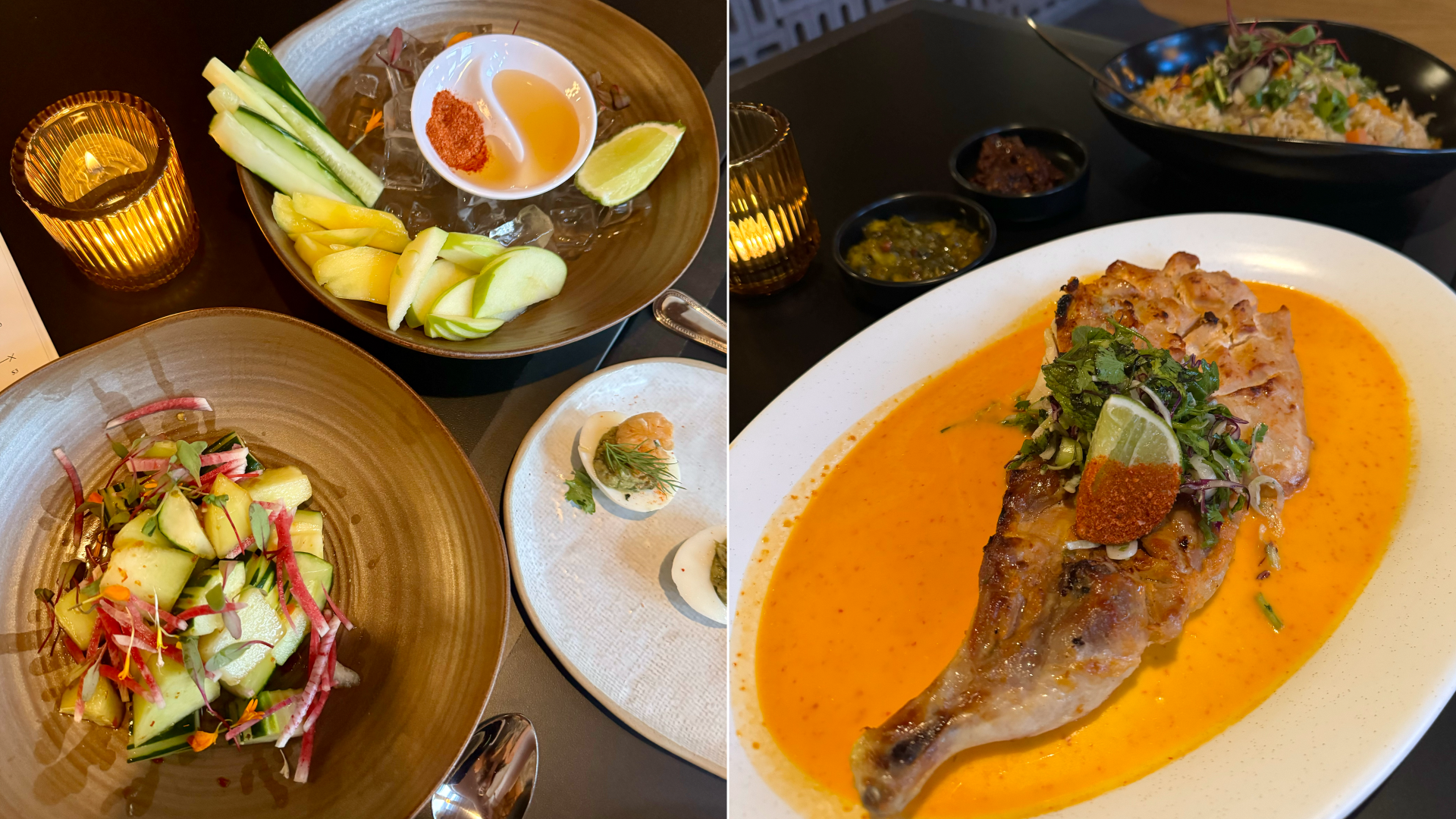 Plates of food, including a whole chicken and cucumber melon salad, on a table.