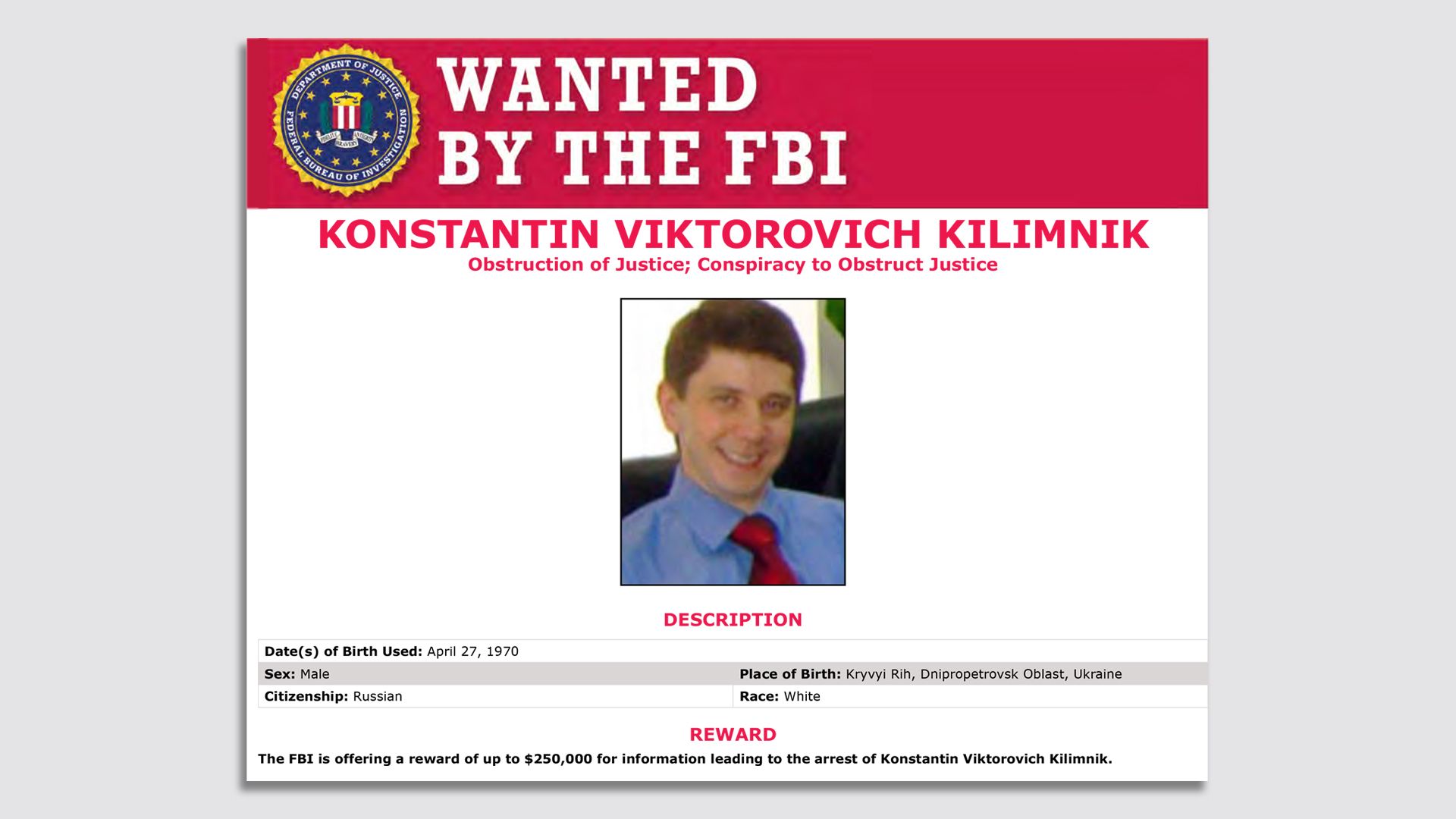 Wanted poster for Konstantin Kilimnik