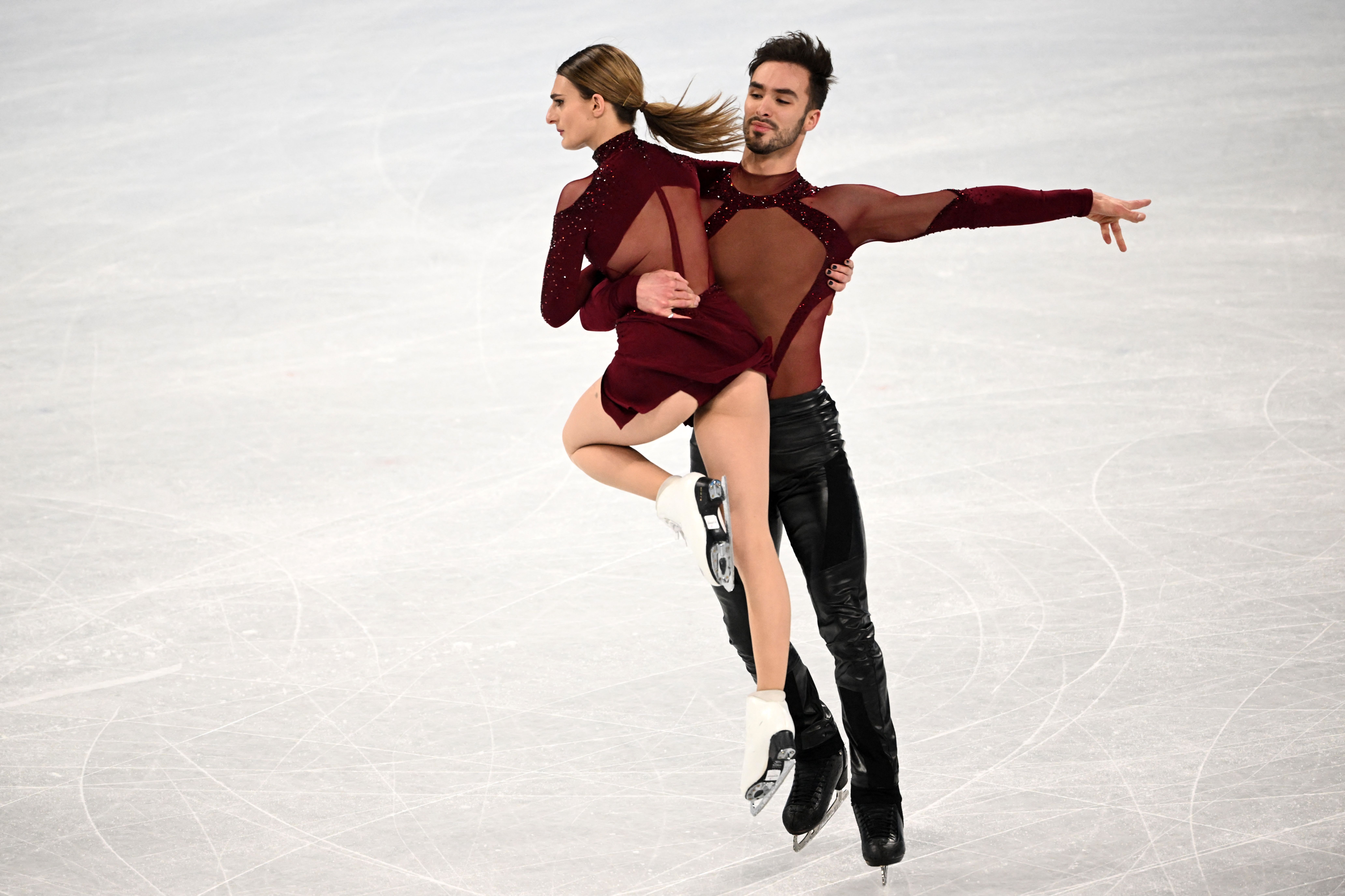  French ice dance pair Gabriella Papadakis and Guillaume Cizeron train during the Beijing 2022 Winter Olympic Games in Beijing on February 9