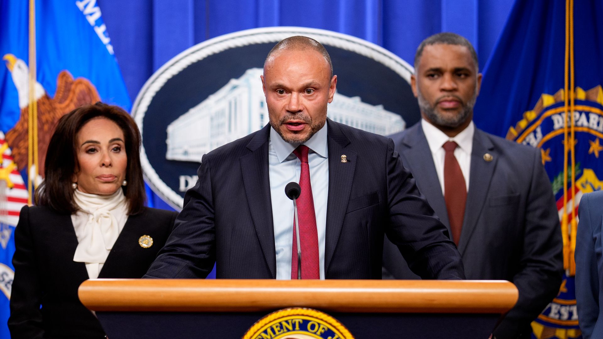 Dan Bongino at a December press conference on the arrest of a suspect in the Jan. 6, 2021, pipe bomb case.