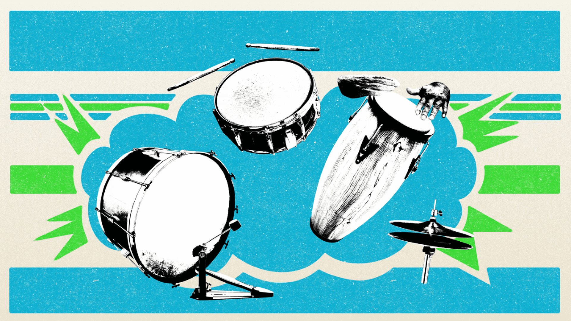 Illustration of a bass drum, a snare drum, a conga drum and a hi-hat, playing. 