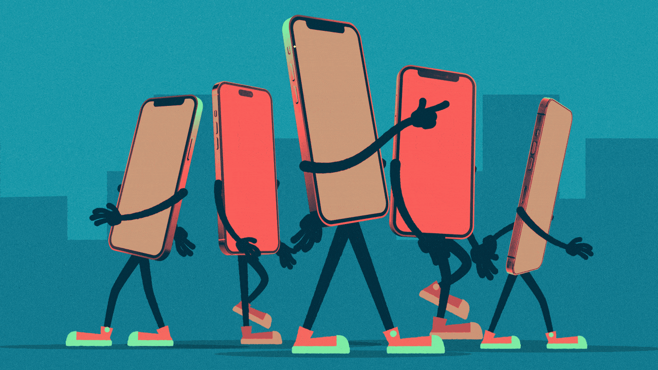 Animated illustration of five phones with arms and legs walking through a city, taking pictures.