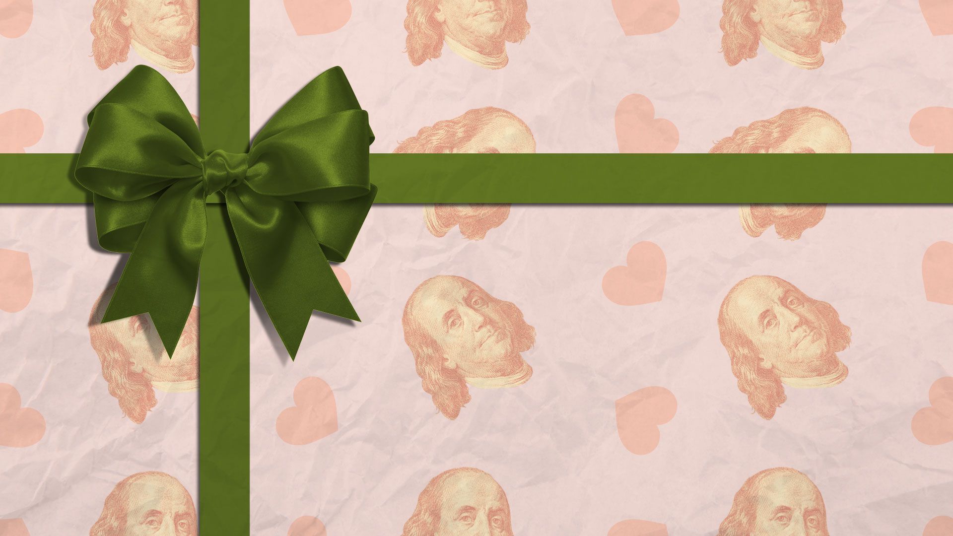 Illustration of Benjamin Franklin and hearts wrapping paper with large bow