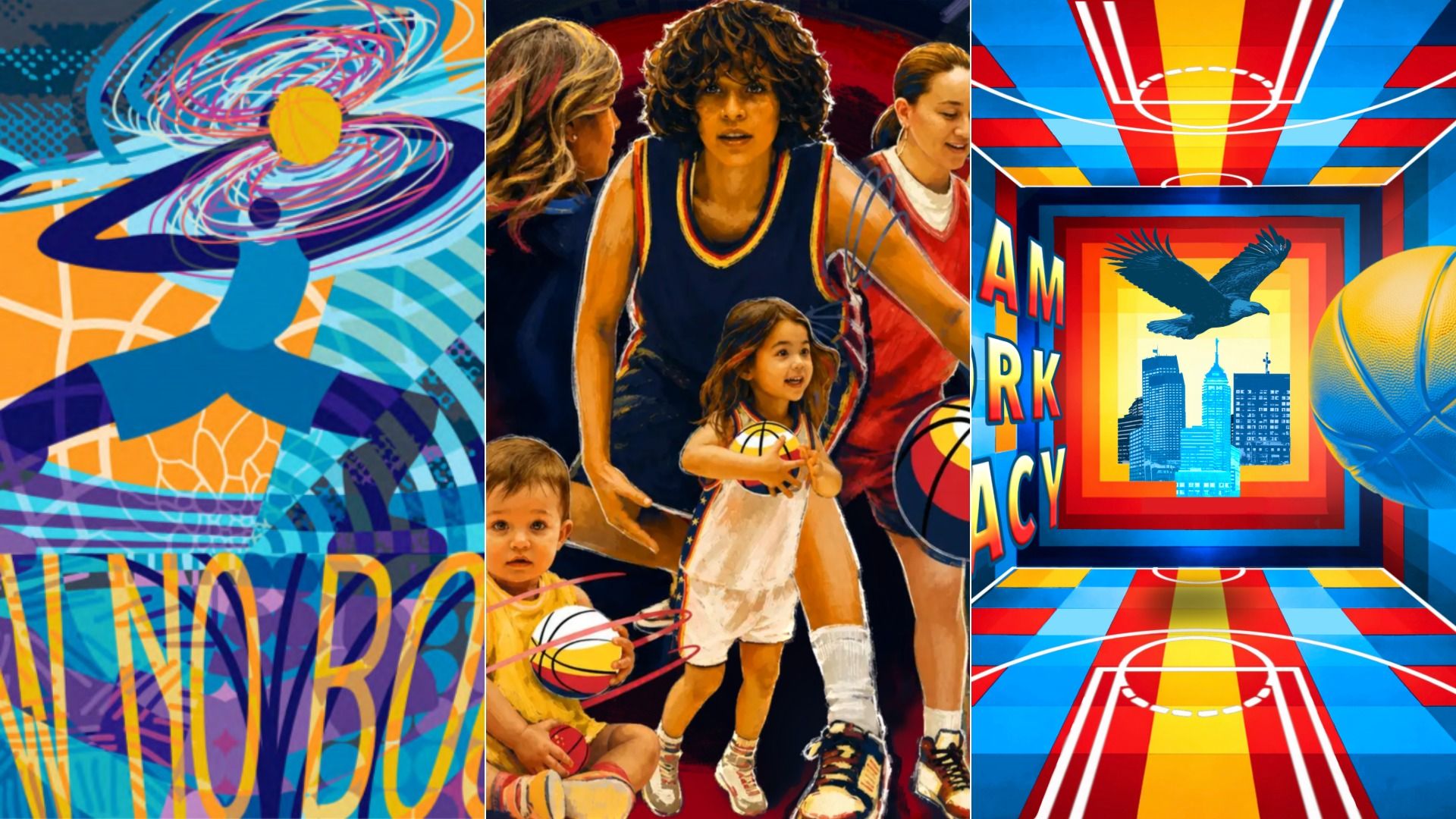 A mashup of mural concepts for the Indiana Fever practice facility. 