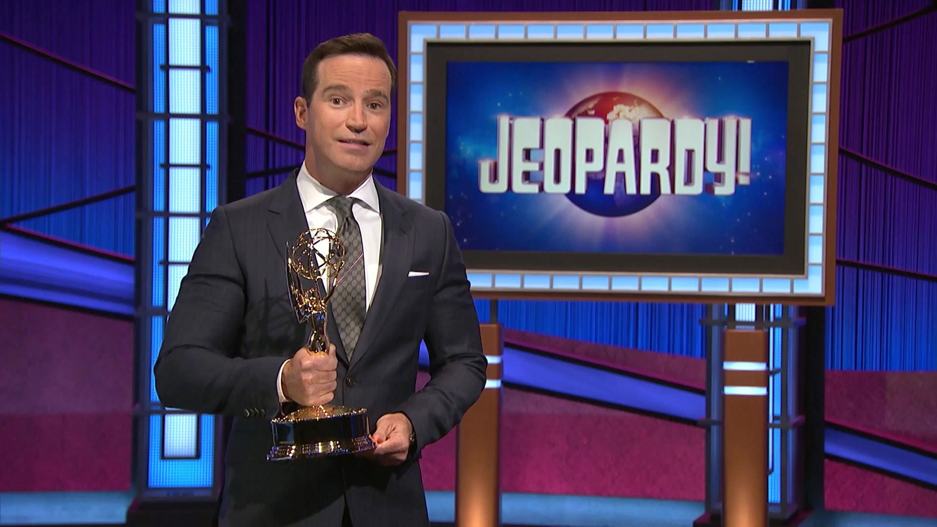 In this screenshot released on June 25, Mike Richards accepts the award for Outstanding Game Show for Jeopardy! during the 48th Annual Daytime Emmy Awards broadcast on June 25, 2021.