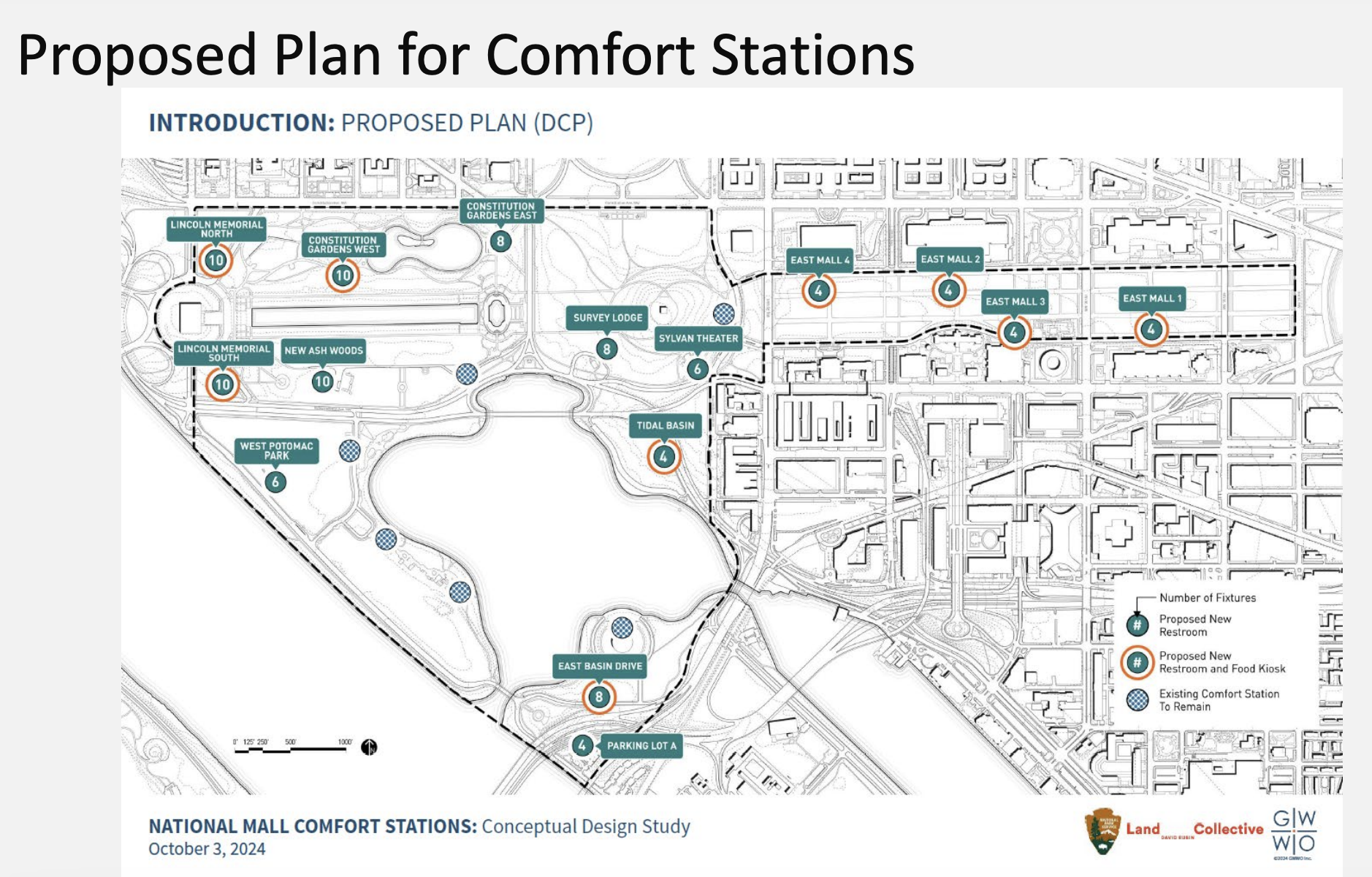 A proposed map of new comfort stations on the National Mall