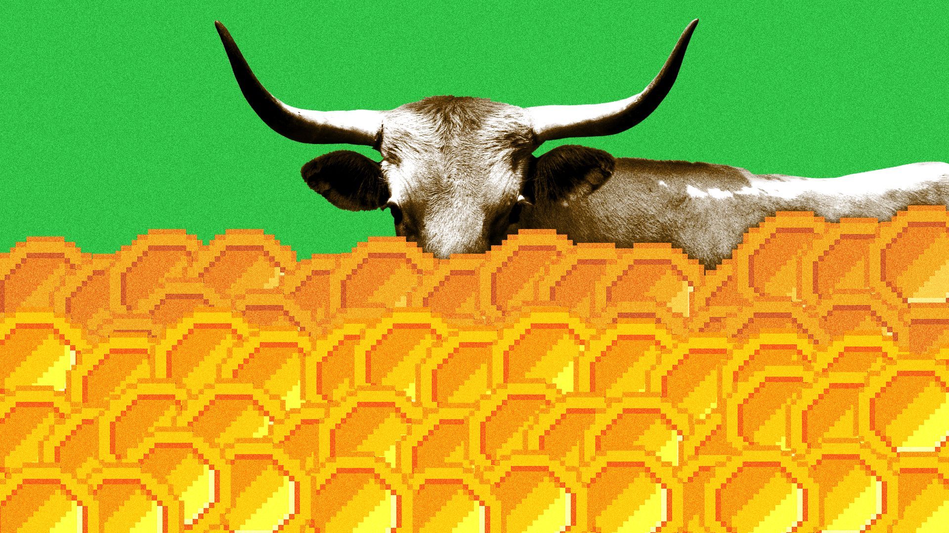 Illustration of a bull covered by a pile of pixelated coins.