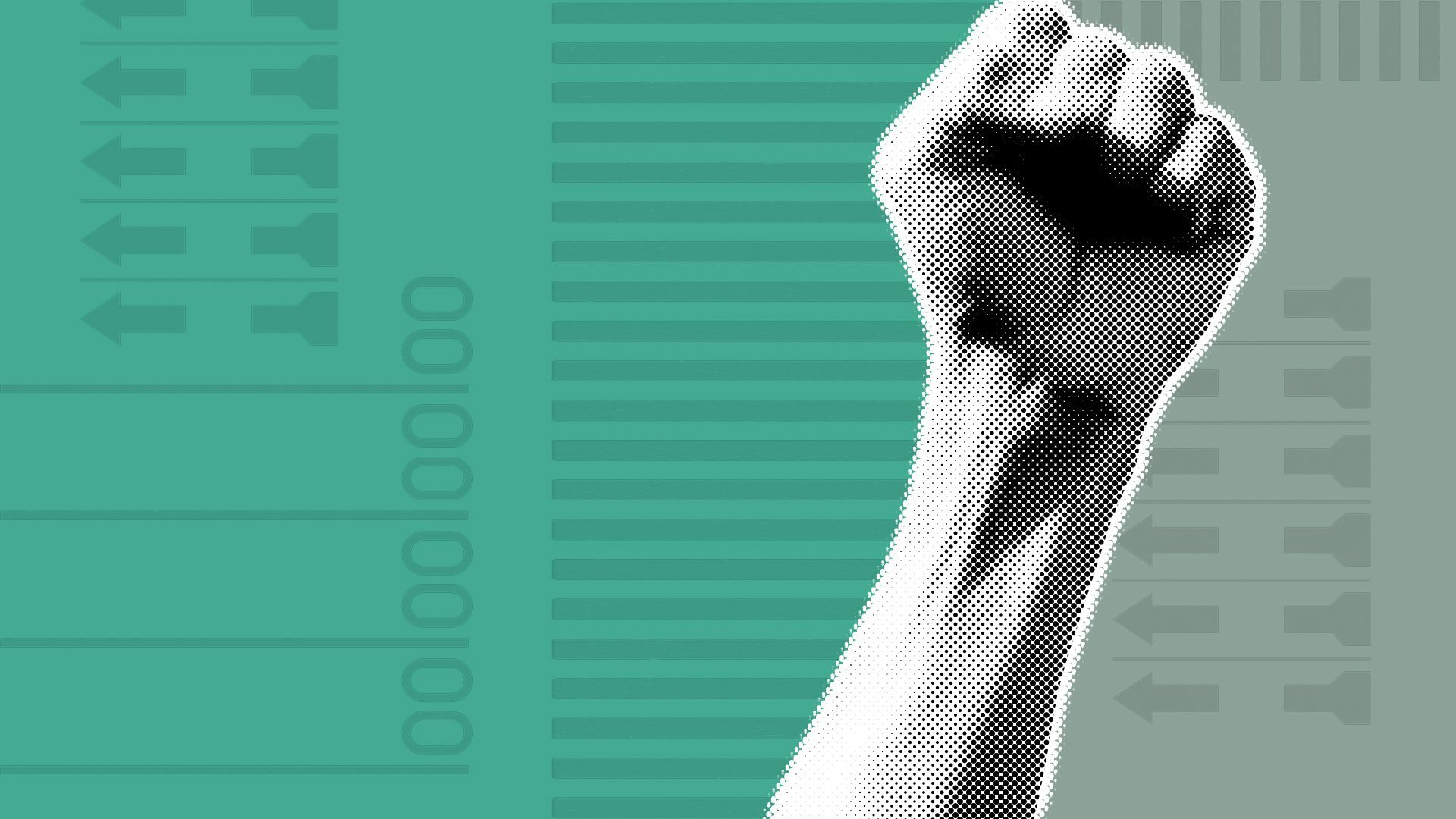 Illustration of a raised fist over a green background with elements of ballots.