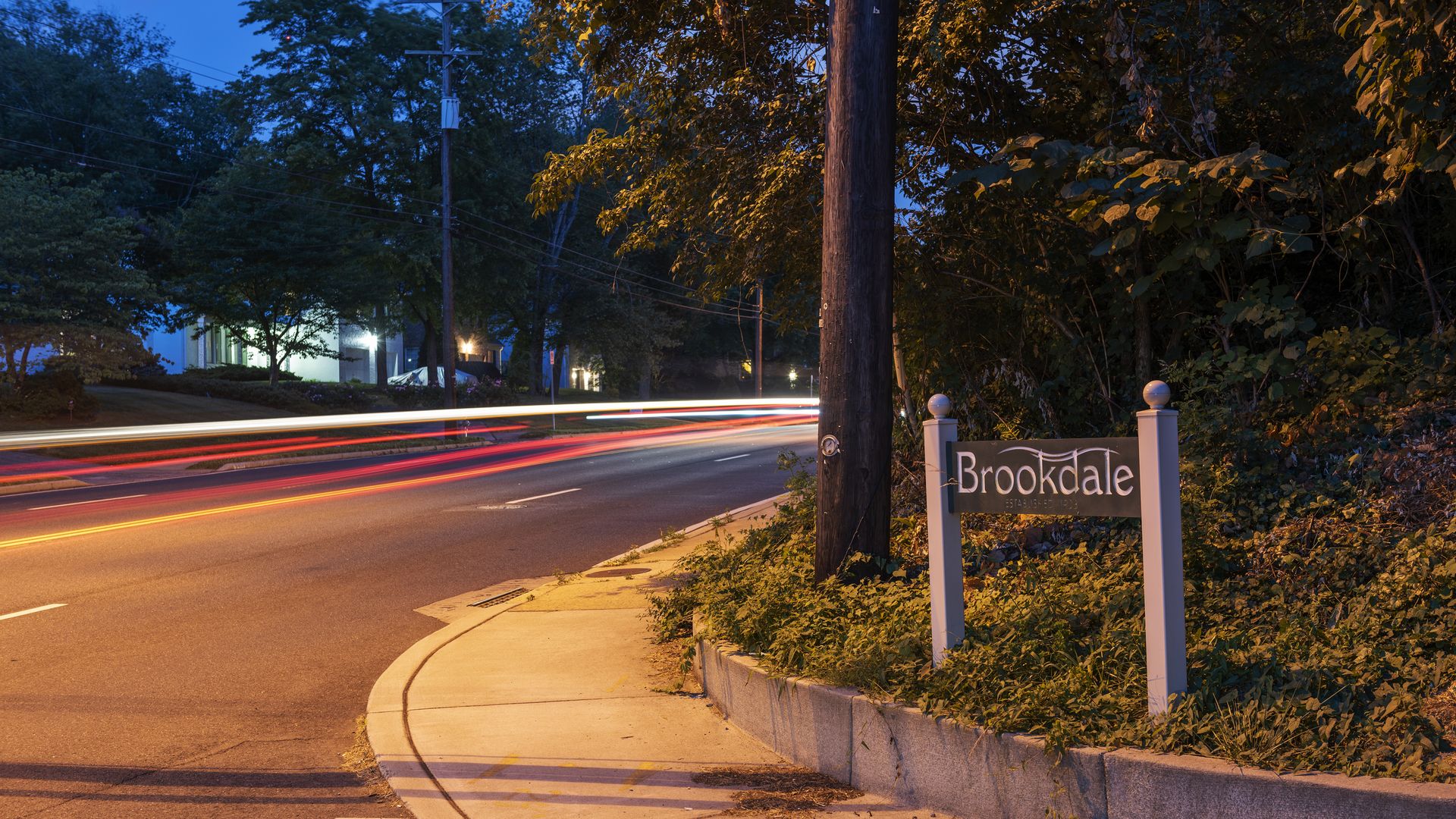 A view of River Road at dusk
