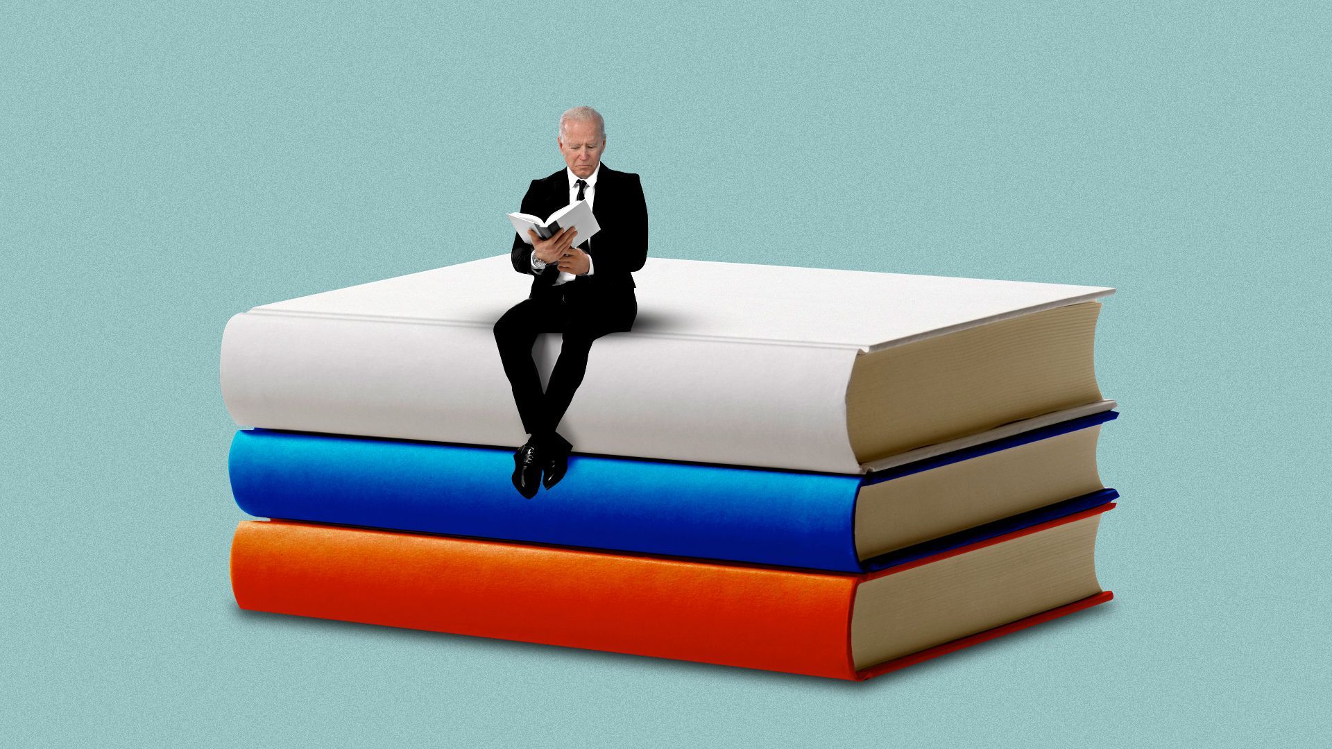 Photo illustration of President Biden sitting on a stack of three books that make up the colors of the Russian flag. 